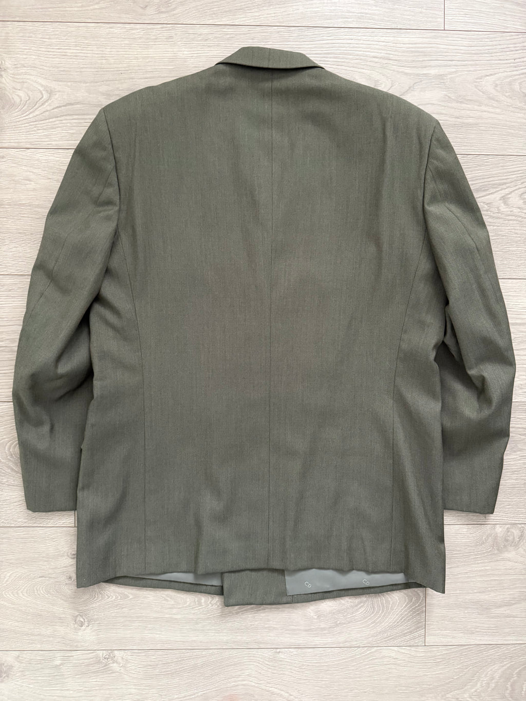 Christian Dior 1980s Peaked Lapel Double Breasted Pleated Wool Suit Taupe Olive - Size XL Jacket / 34" Waist