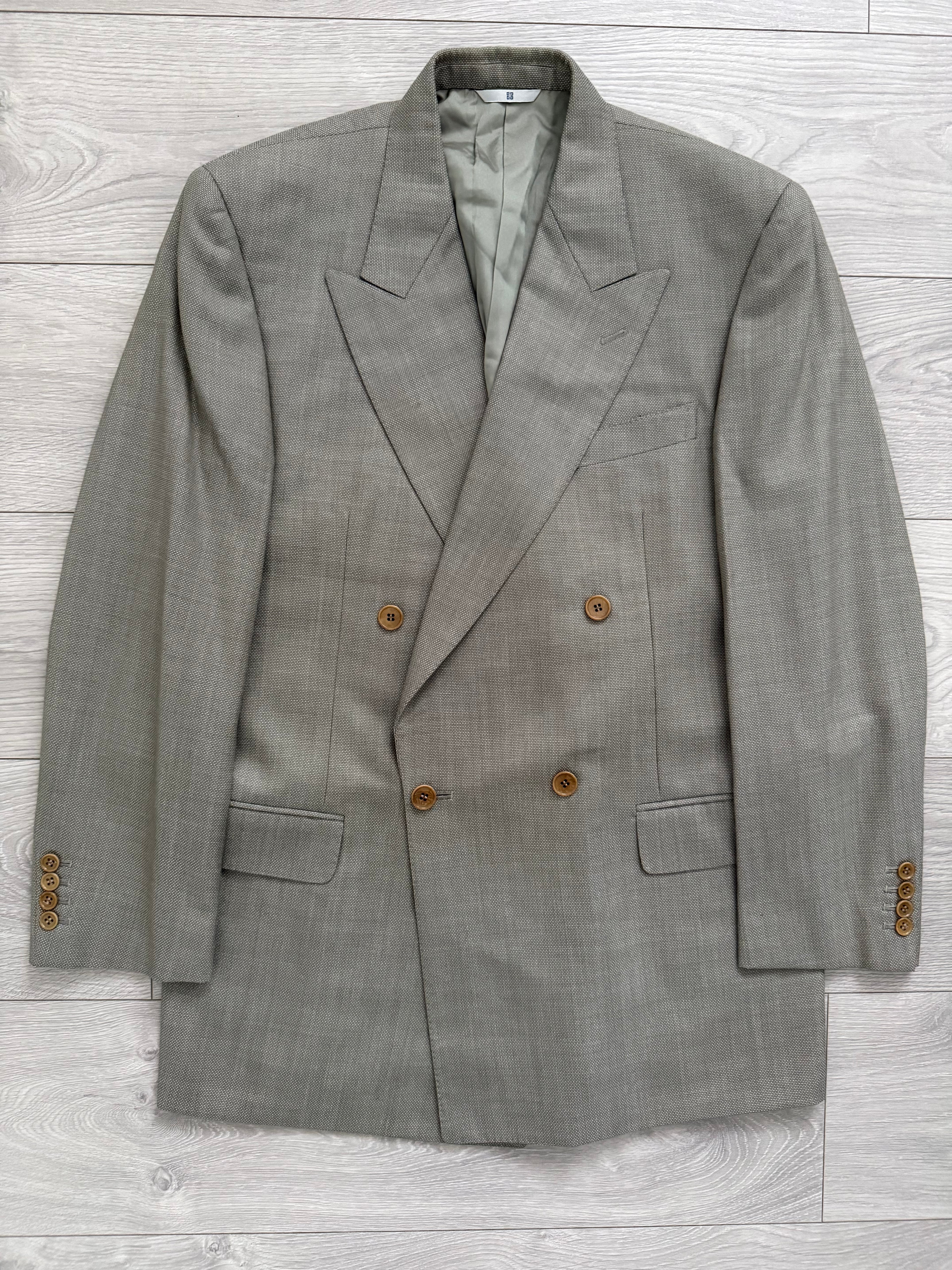 Givenchy 1980s Peaked Lapel Double Breasted Pleated Wool Suit Taupe Beige - Size M Jacket / 32" Waist