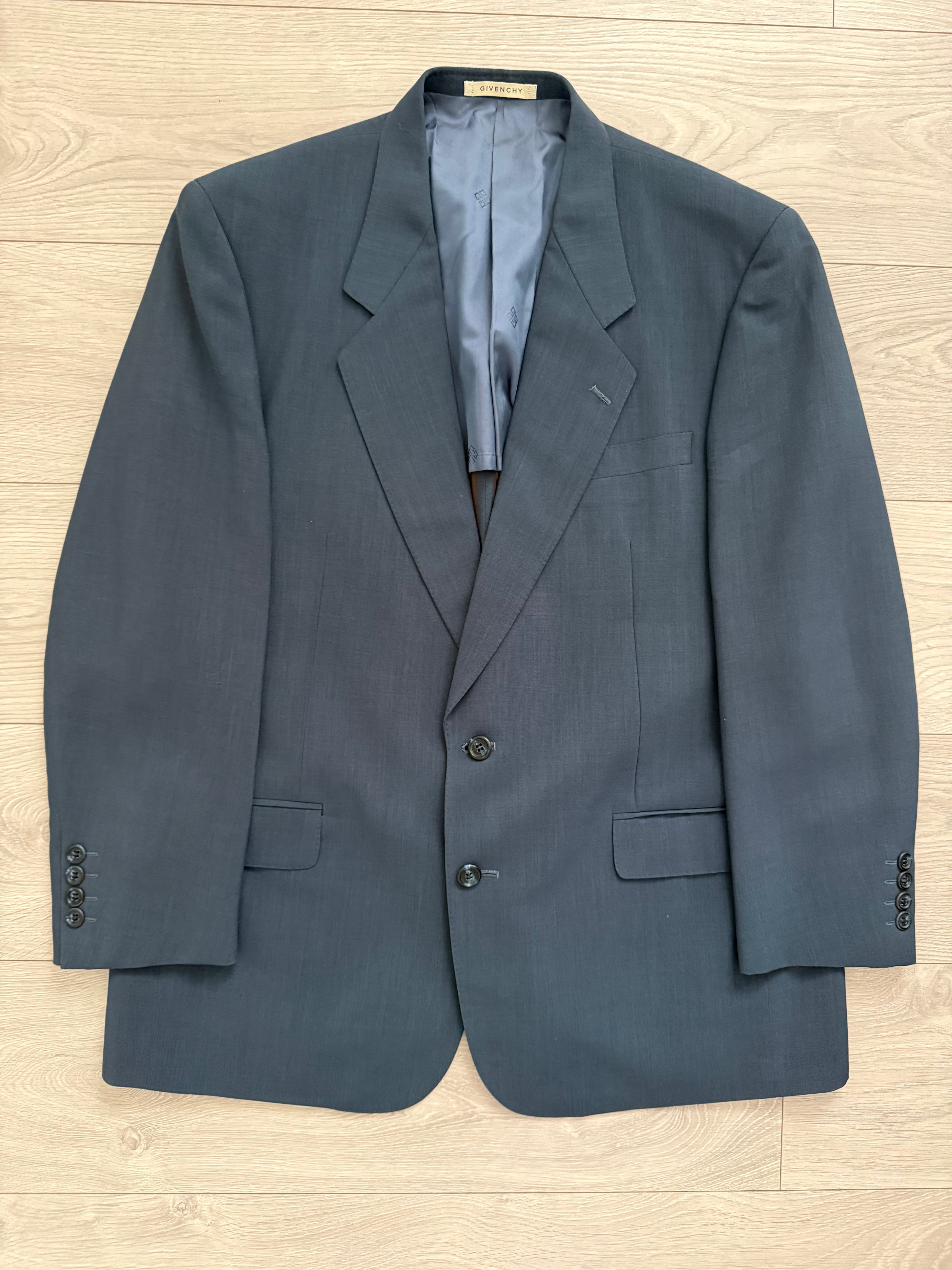 Givenchy 1980s 2B Pleated Wool Textured Blue Lightweight Suit - Size L Jacket / 35" Waist