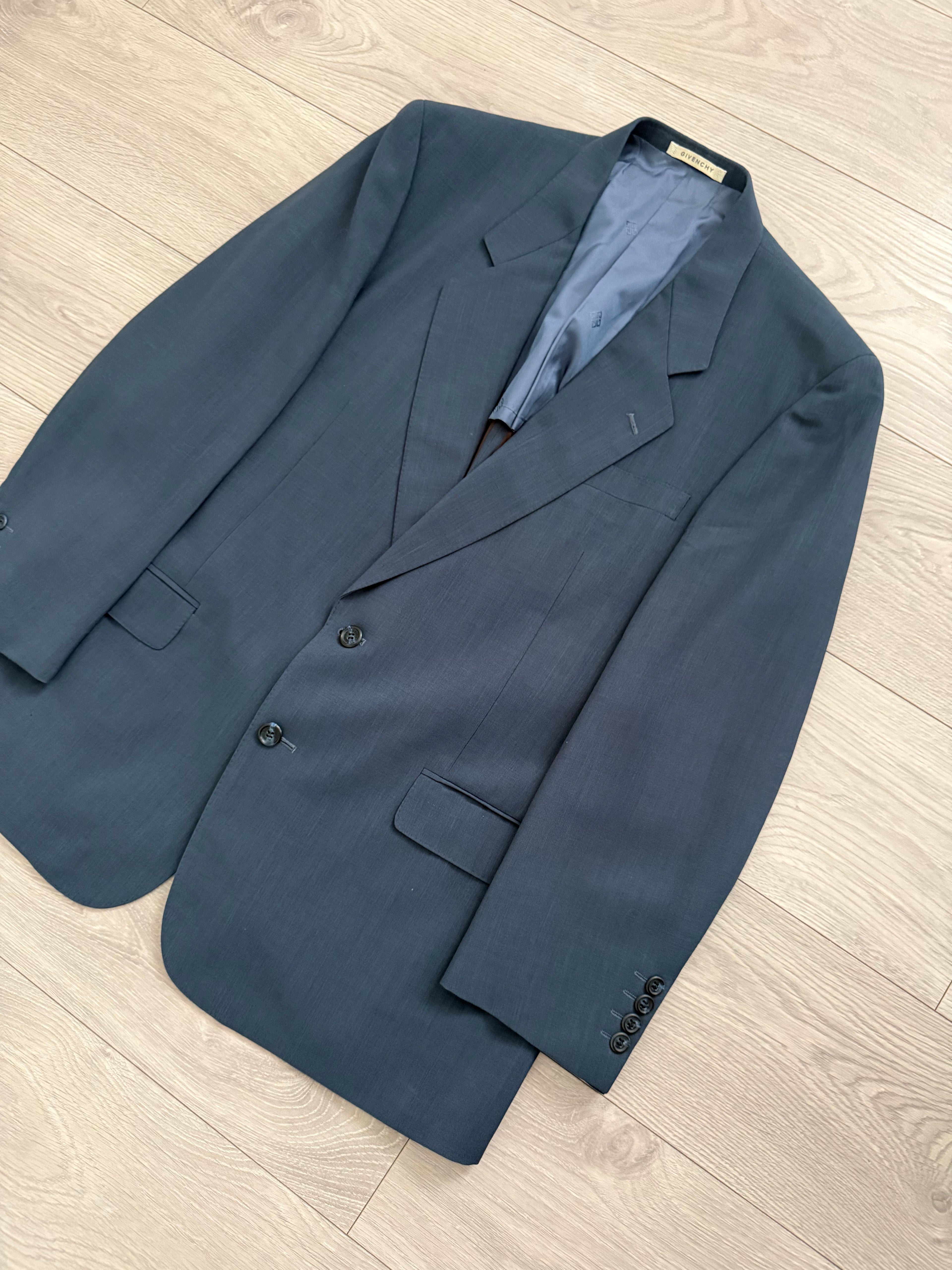 Givenchy 1980s 2B Pleated Wool Textured Blue Lightweight Suit - Size L Jacket / 35" Waist