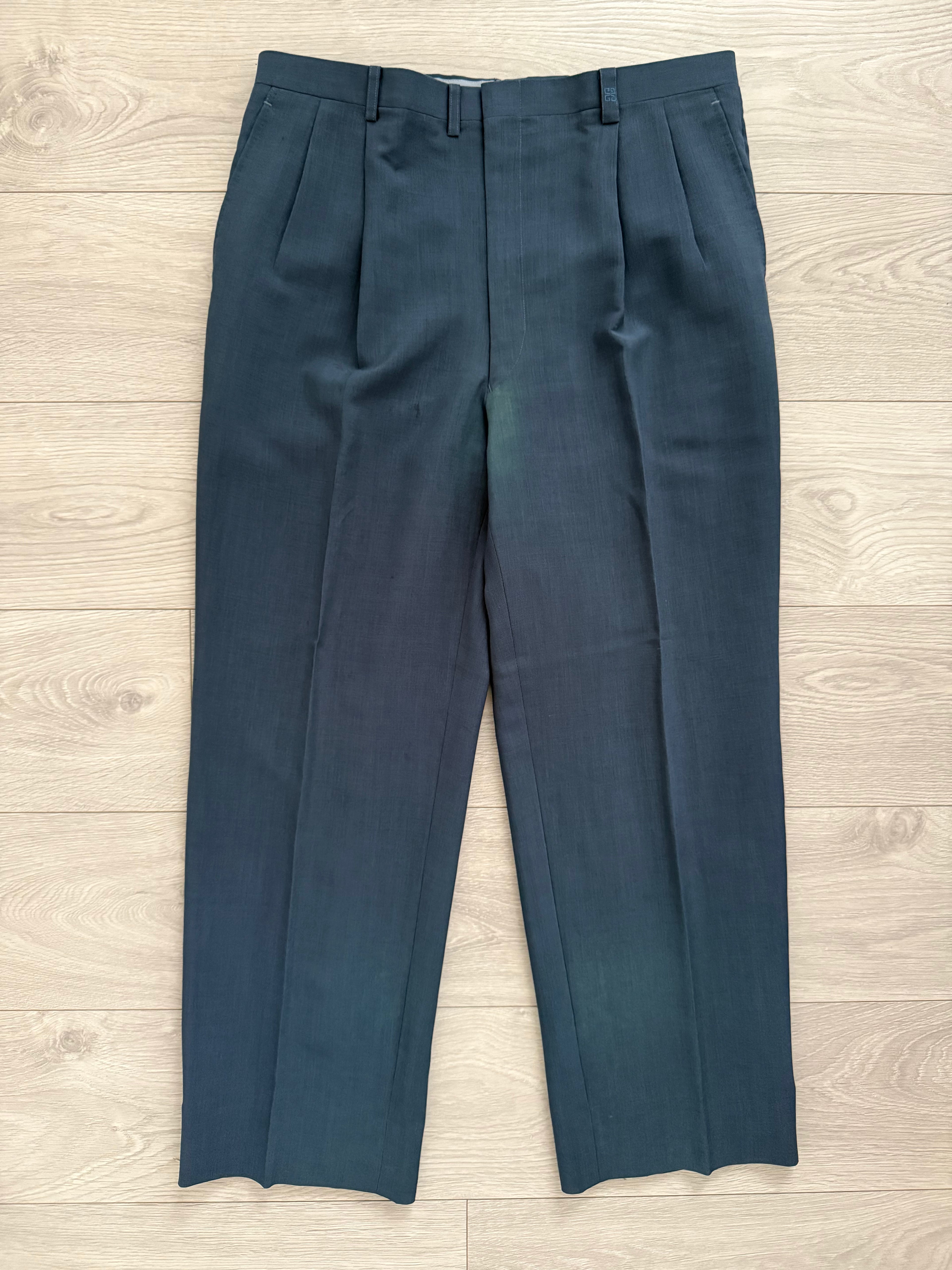 Givenchy 1980s 2B Pleated Wool Textured Blue Lightweight Suit - Size L Jacket / 35" Waist