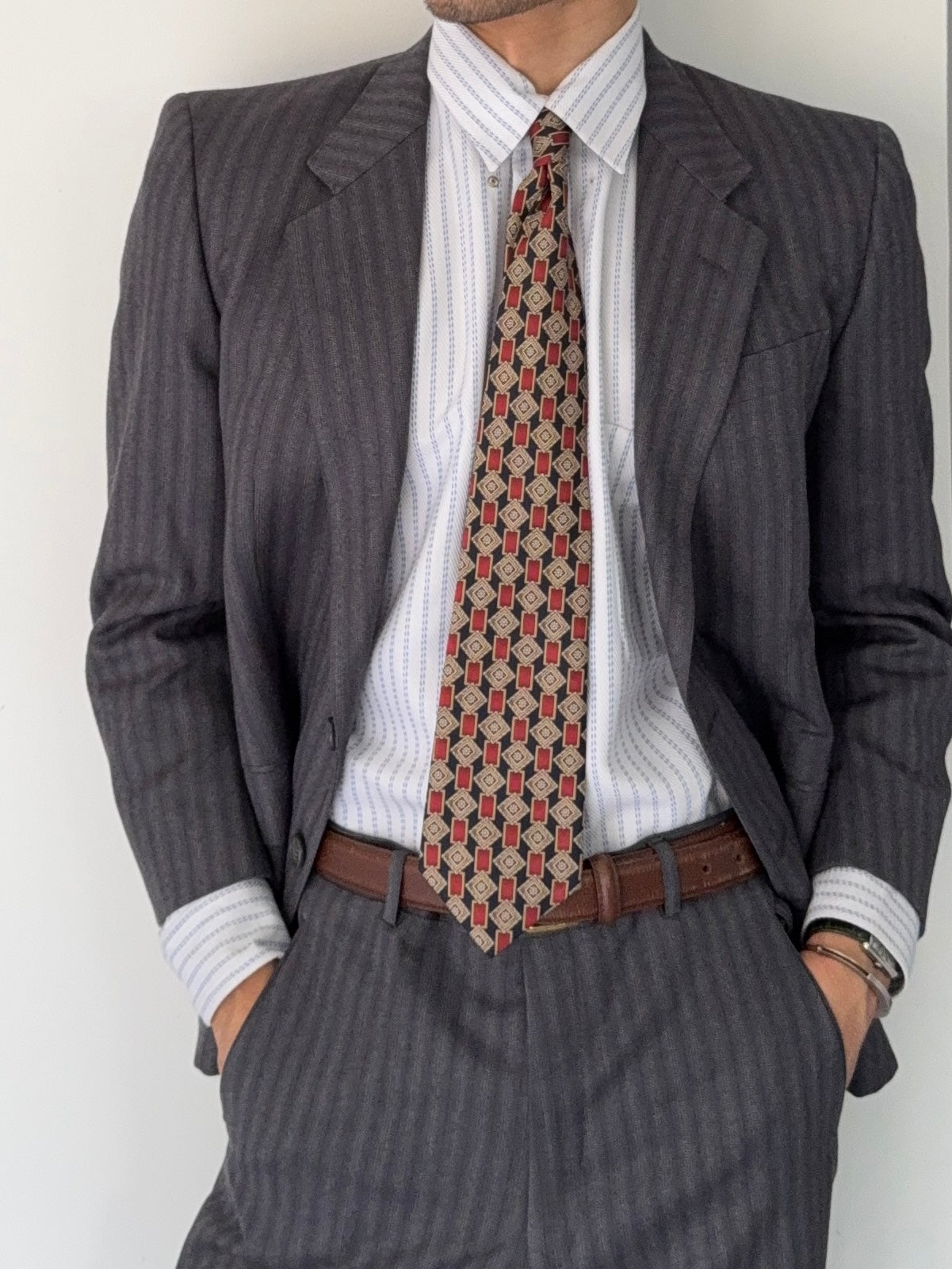 Yves Saint Laurent 1990s 2B Textured Wool Grey Navy Suit - Size S Jacket / 31" Waist