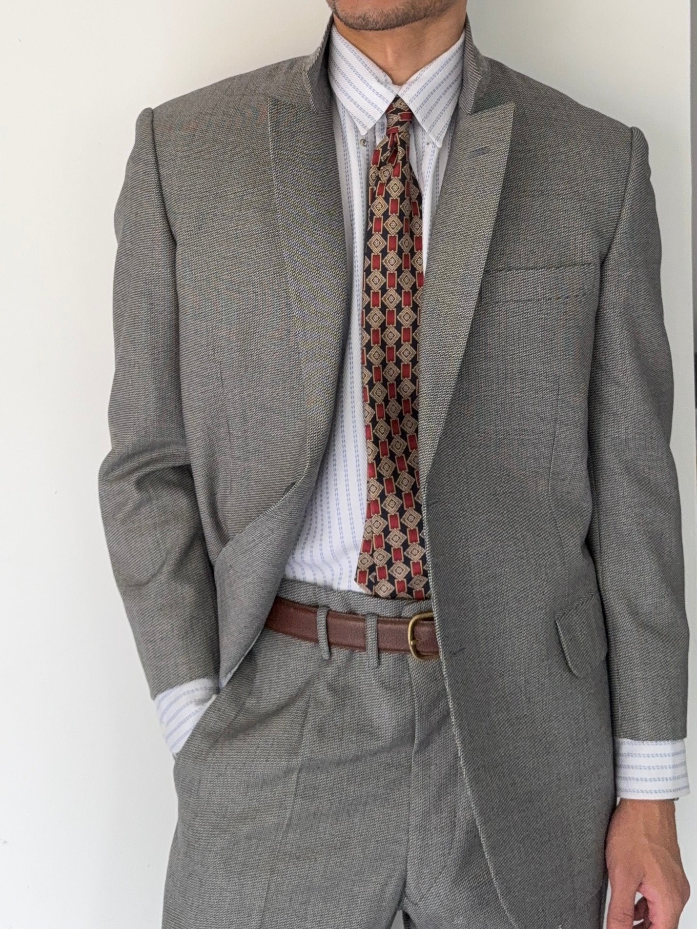 Yves Saint Laurent 1990s 2B Textured Wool Grey Suit - Size L Jacket / 34" Waist