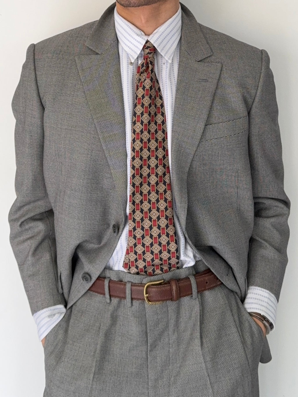 Yves Saint Laurent 1990s 2B Textured Wool Grey Suit - Size L Jacket / 34" Waist