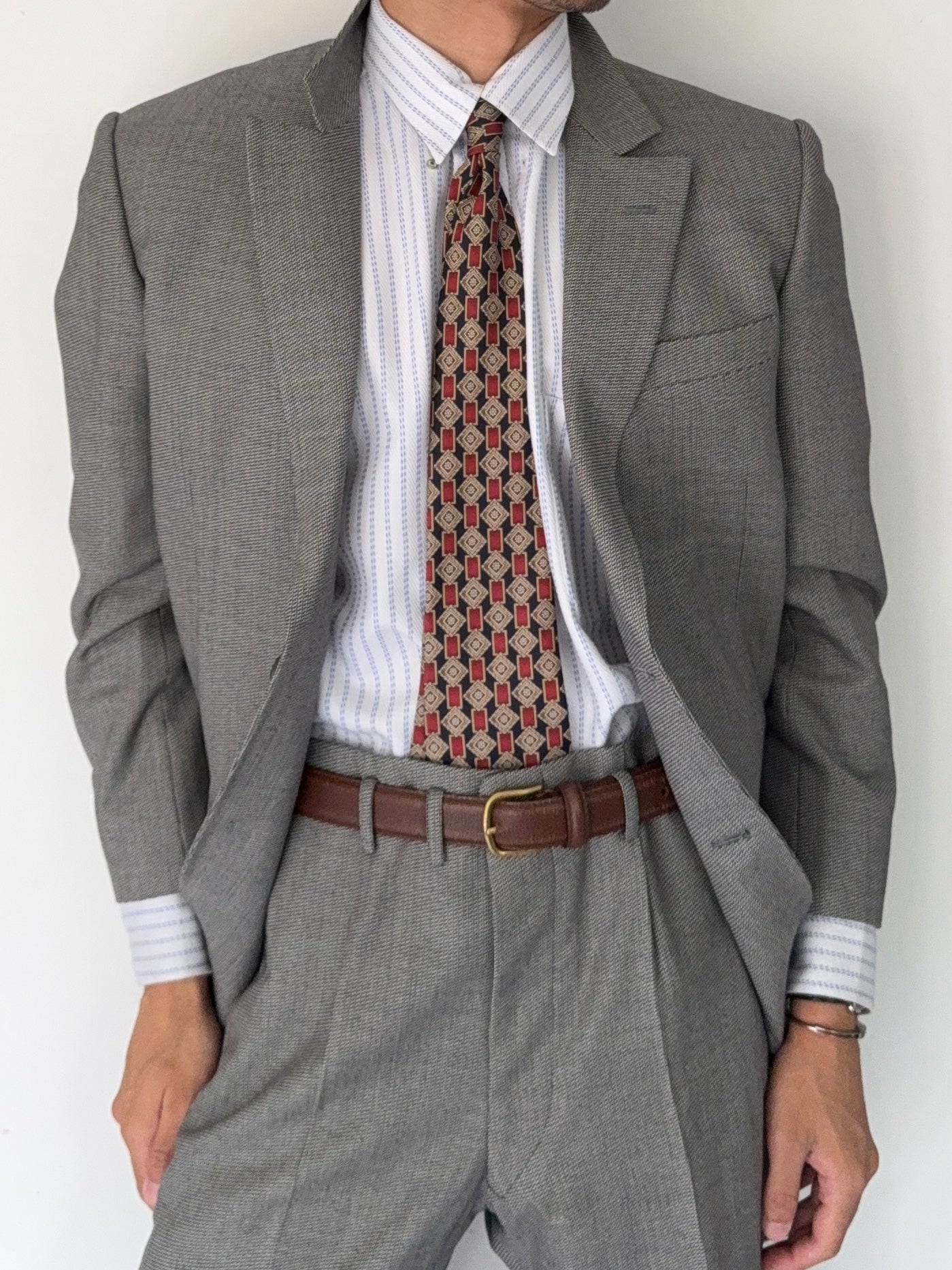 Yves Saint Laurent 1990s 2B Textured Wool Grey Suit - Size L Jacket / 34" Waist