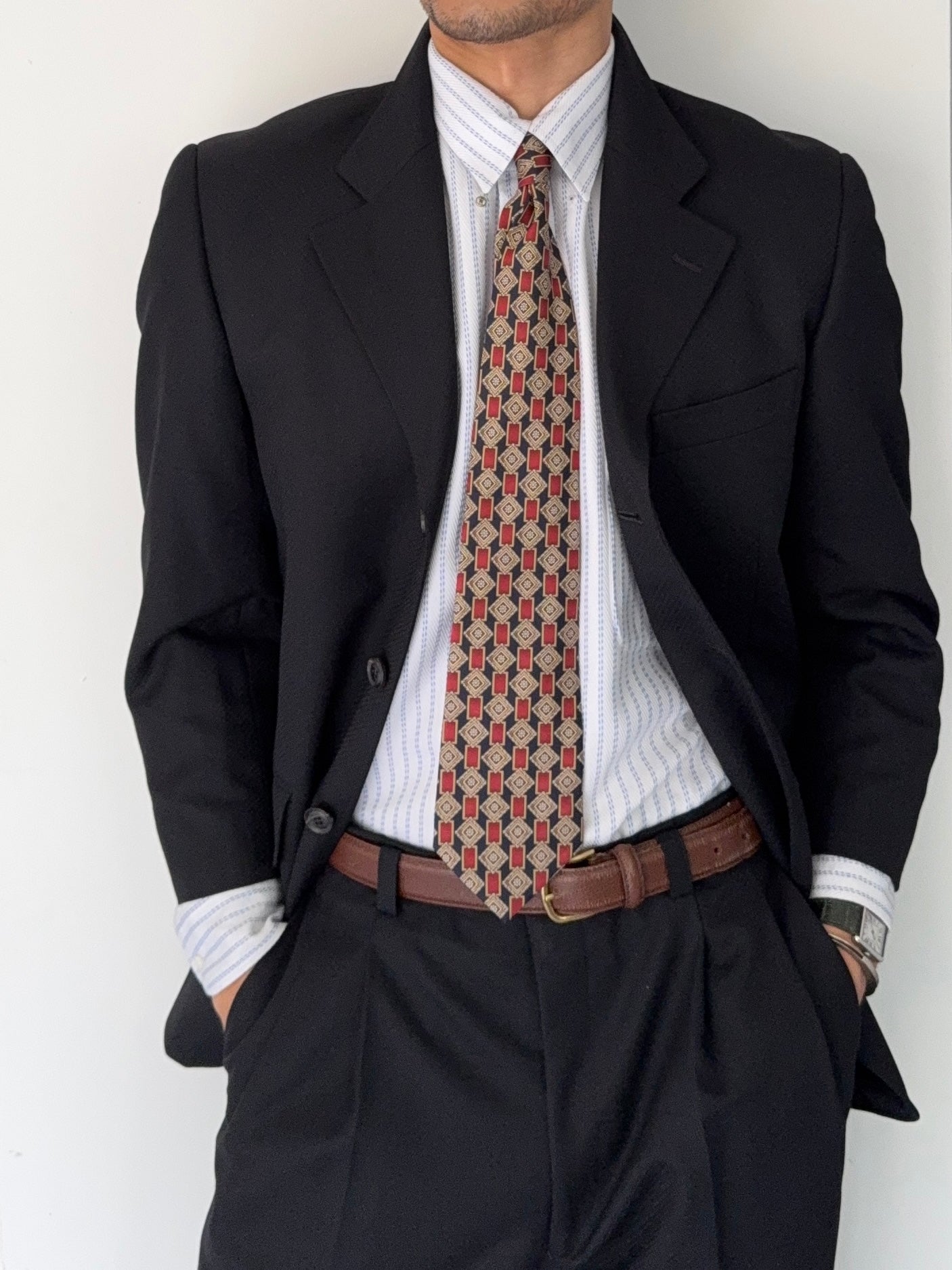 Yves Saint Laurent 1990s 3B Textured Pleated Wool Black Suit - Size S Jacket / 31" Waist