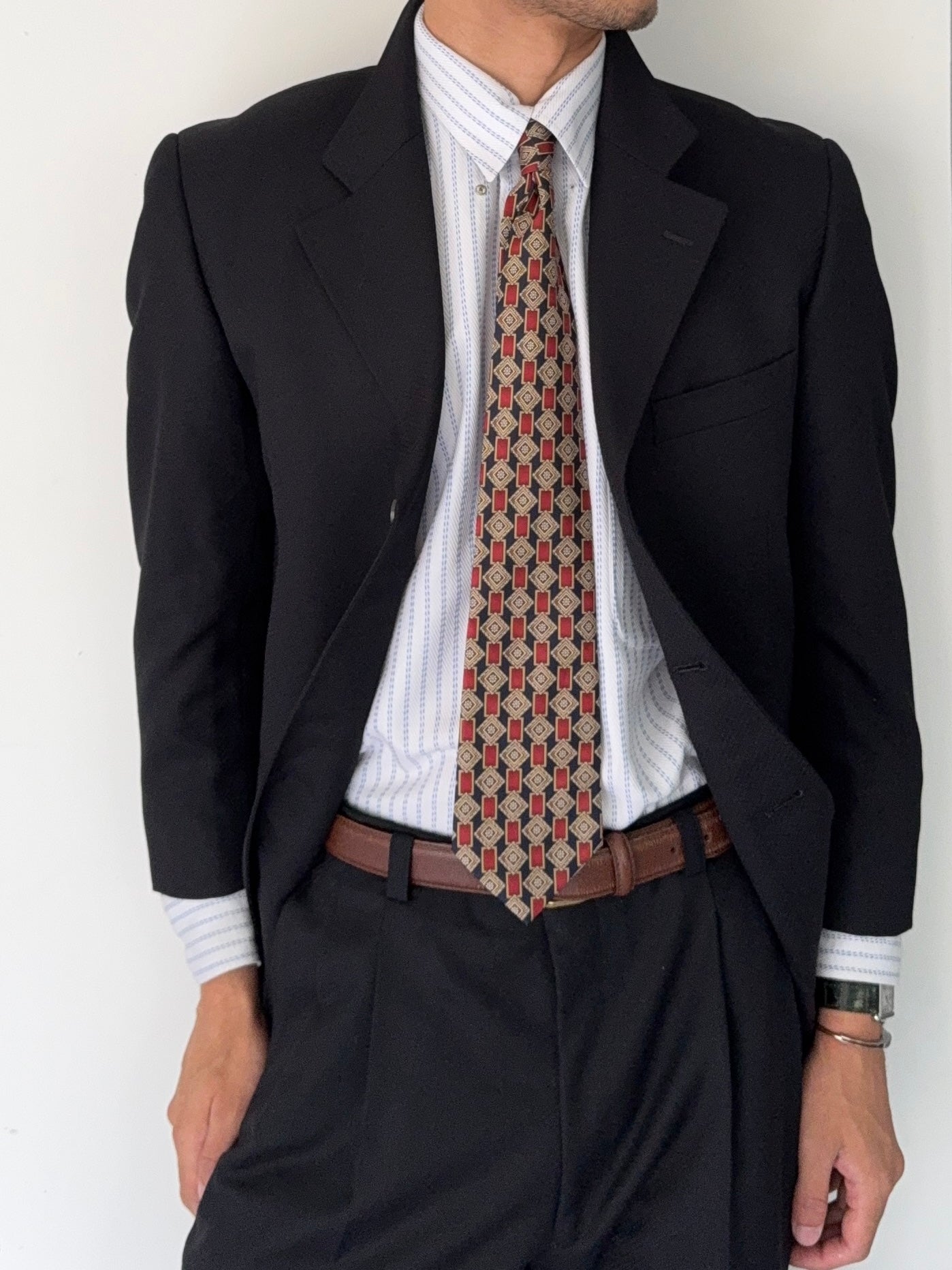 Yves Saint Laurent 1990s 3B Textured Pleated Wool Black Suit - Size S Jacket / 31" Waist