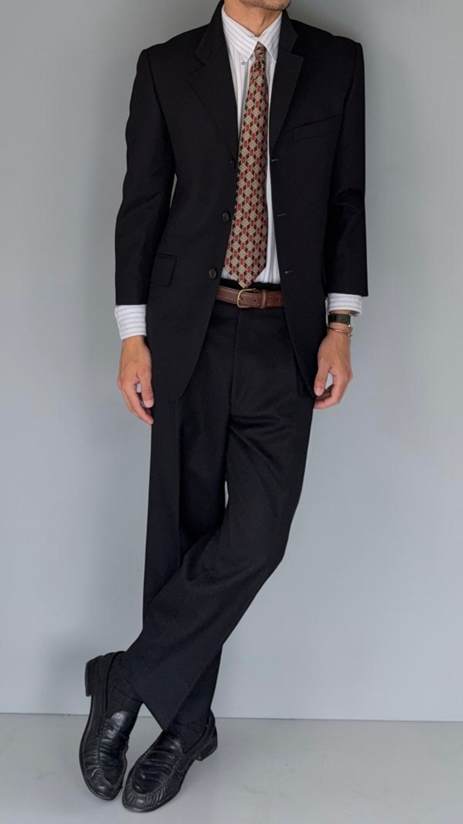 Yves Saint Laurent 1990s 3B Textured Pleated Wool Black Suit - Size S Jacket / 31" Waist