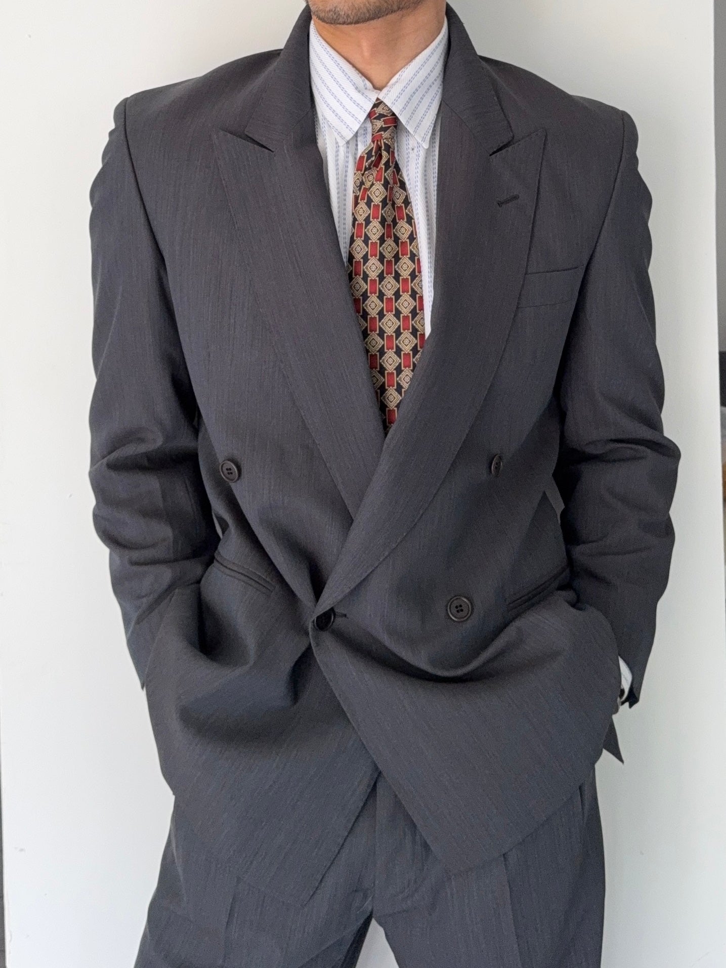Yves Saint Laurent 1980s Peaked Lapel Double Breasted Lightweight Suit - Size S Jacket / 30" Waist