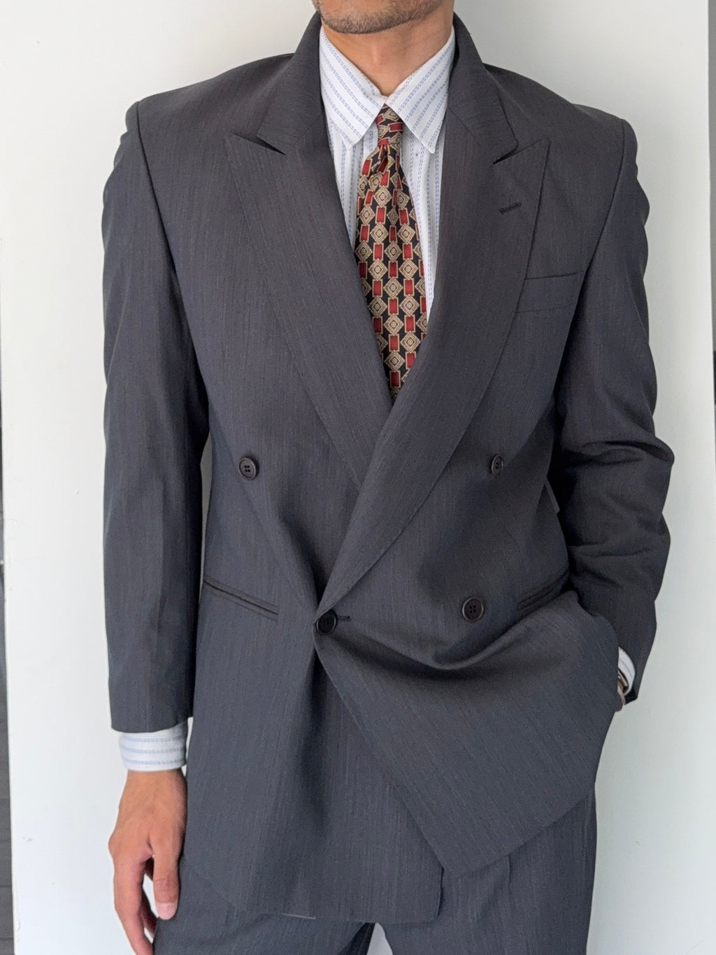 Yves Saint Laurent 1980s Peaked Lapel Double Breasted Lightweight Suit - Size S Jacket / 30" Waist