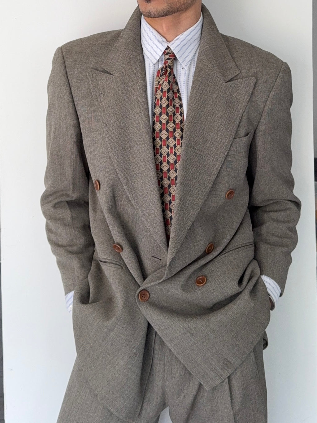 Hugo Boss 1980s Peaked Lapel Double Breasted Cerruti Fabric Wool Suit Taupe Beige - Size S Jacket / 30" Waist