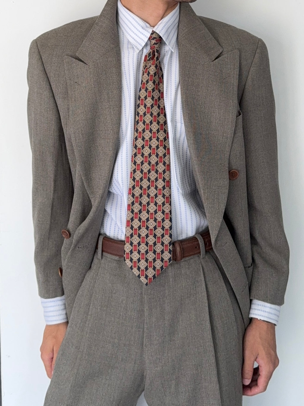 Hugo Boss 1980s Peaked Lapel Double Breasted Cerruti Fabric Wool Suit Taupe Beige - Size S Jacket / 30" Waist