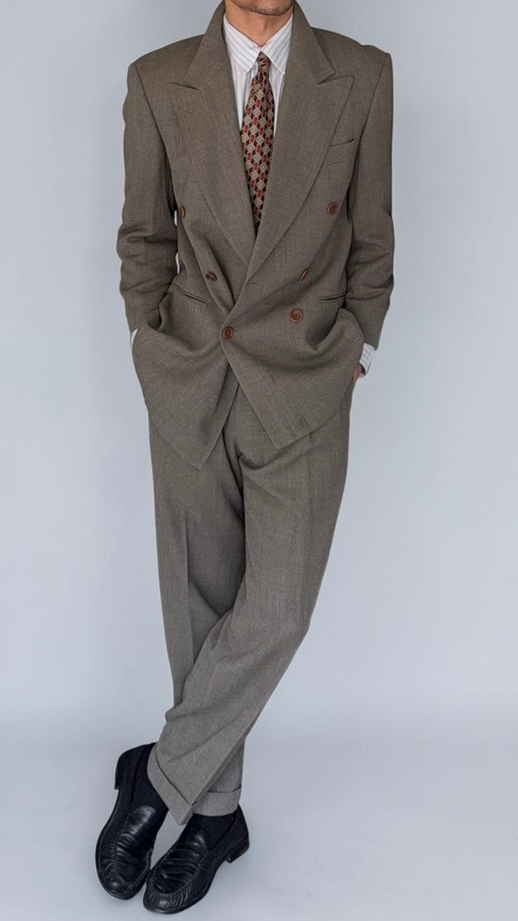Hugo Boss 1980s Peaked Lapel Double Breasted Cerruti Fabric Wool Suit Taupe Beige - Size S Jacket / 30" Waist