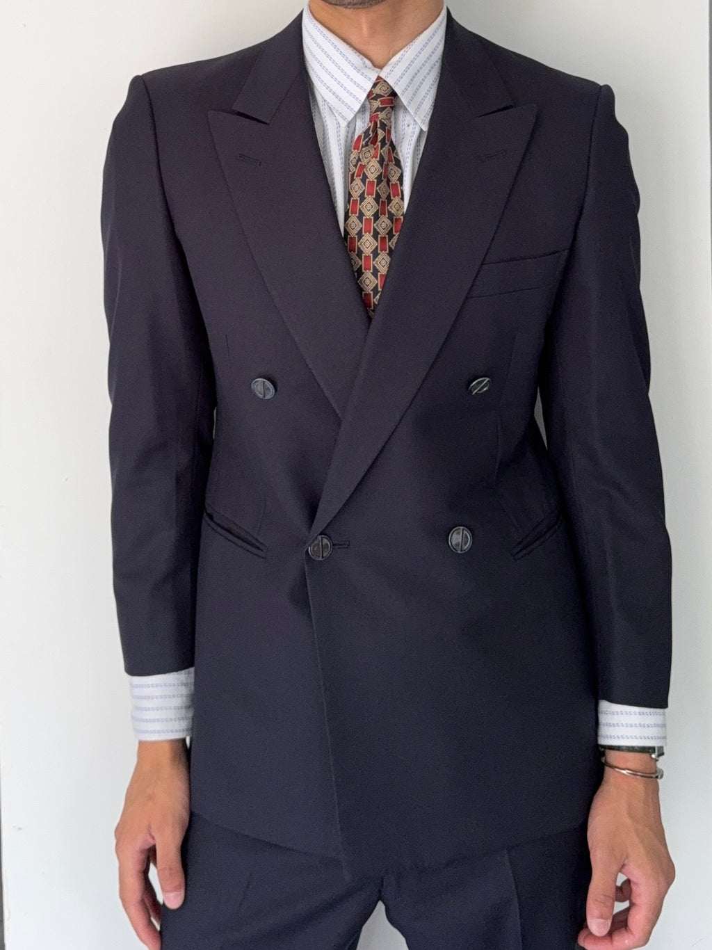 Christian Dior 1980s Peaked Lapel Double Breasted Metal Button Wool Suit Navy- Size S Jacket / 29" Waist