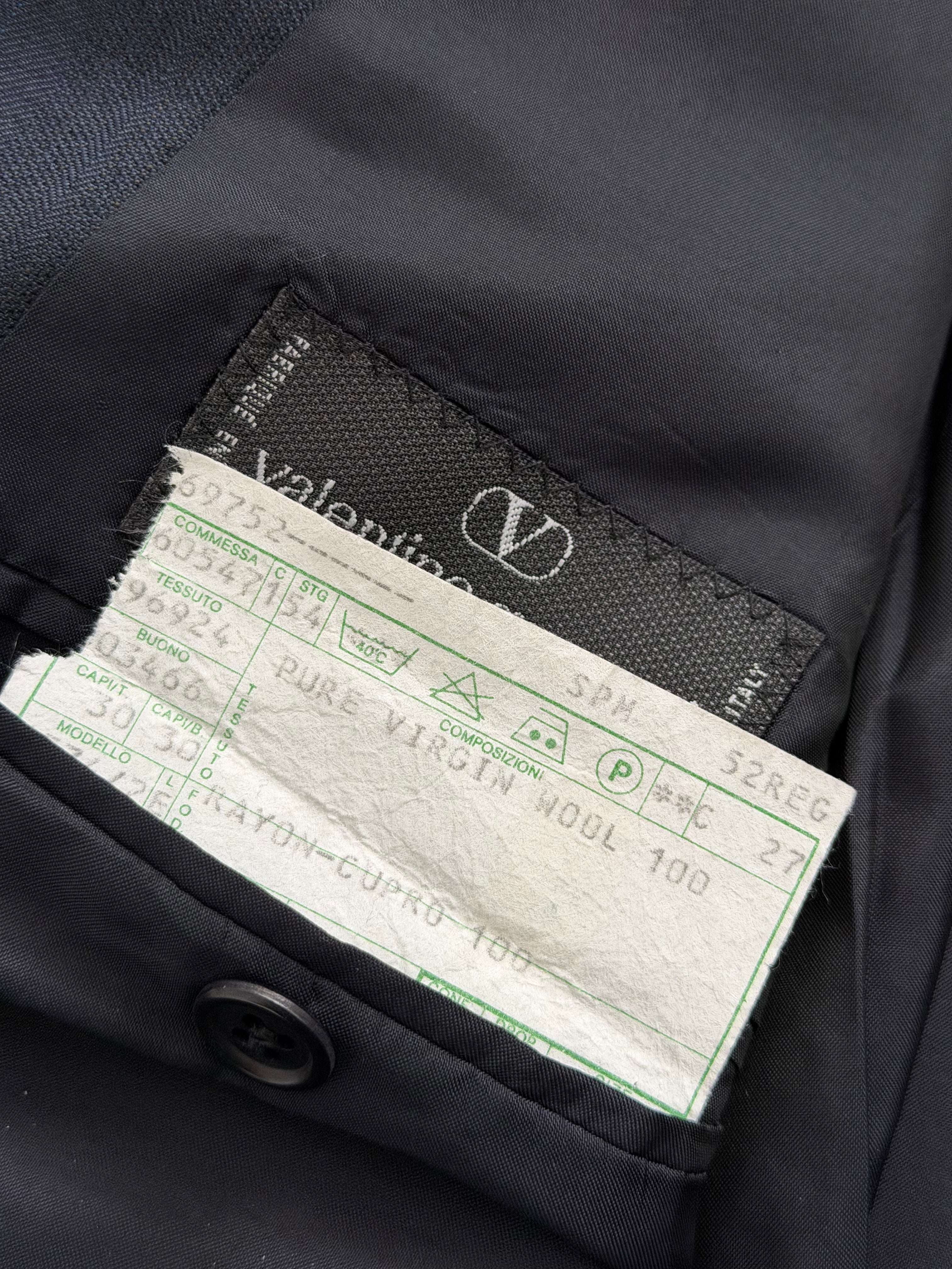 Valentino Couture 1980s Peaked Lapel Double Breasted Pleated Wool Suit Navy Blue - Size S Jacket / 31" Waist