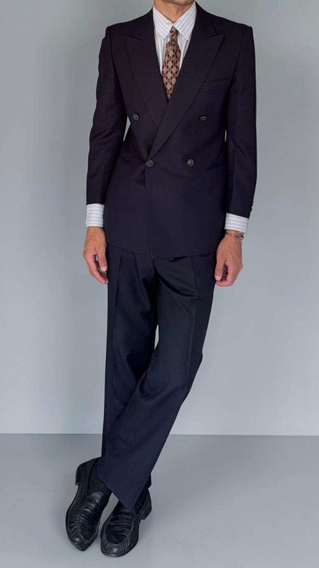 Christian Dior 1980s Peaked Lapel Double Breasted Metal Button Wool Suit Navy- Size S Jacket / 29" Waist