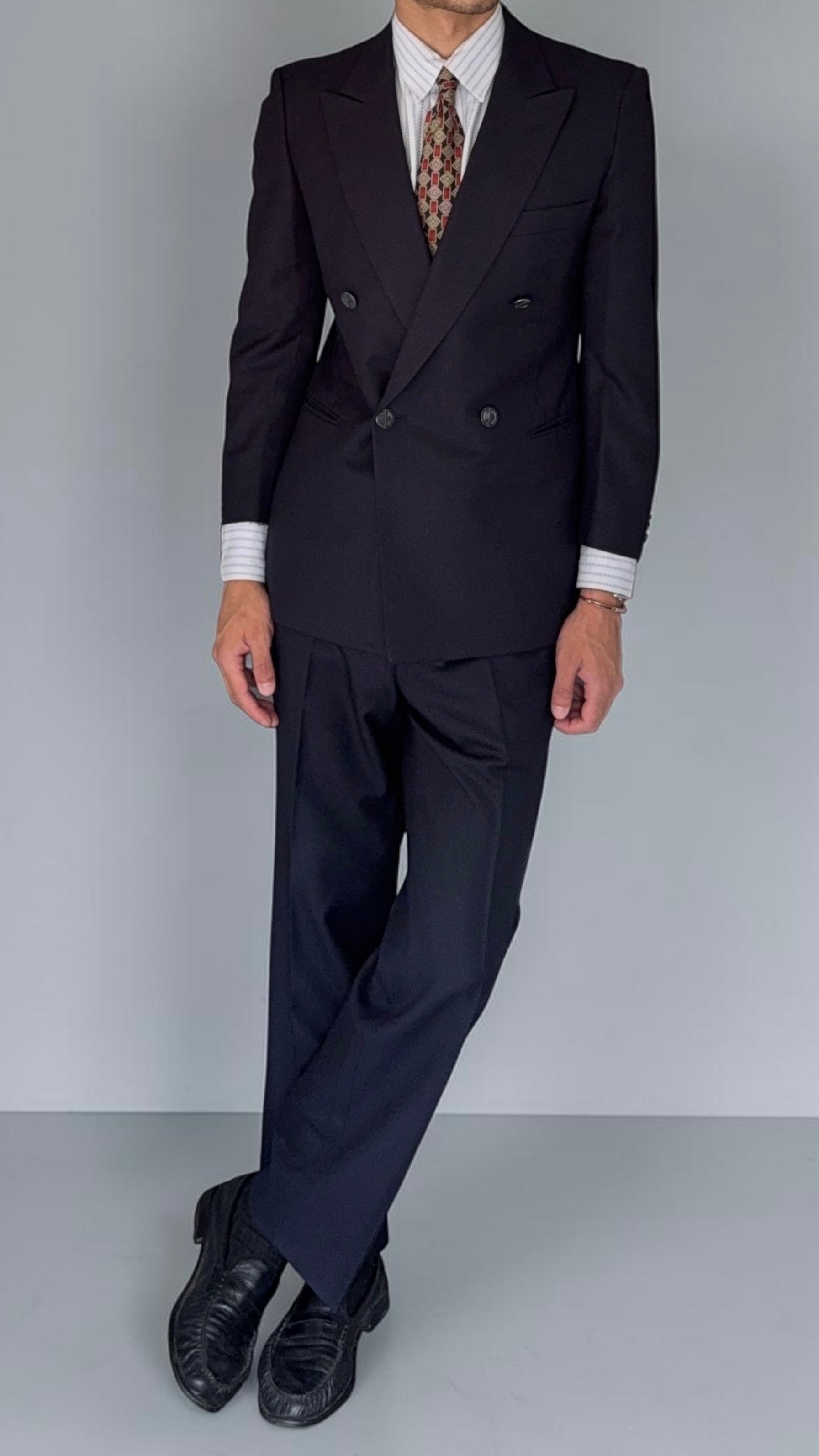 Christian Dior 1980s Peaked Lapel Double Breasted Metal Button Wool Suit Navy- Size S Jacket / 29" Waist