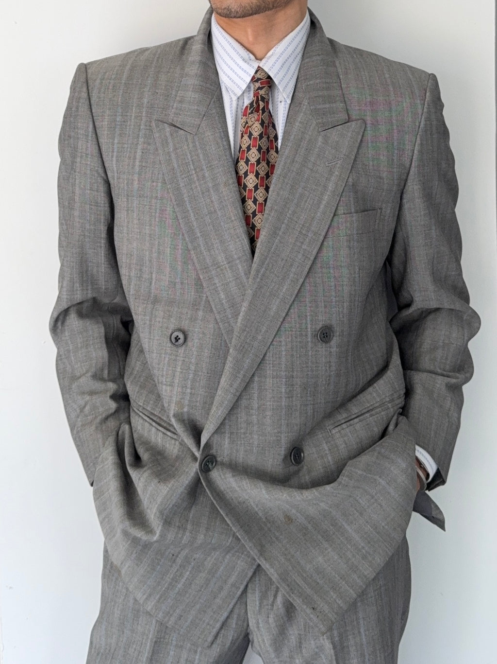Christian Dior 1980s Peaked Lapel Double Breasted Wool Suit Grey - Size L Jacket / 34" Waist