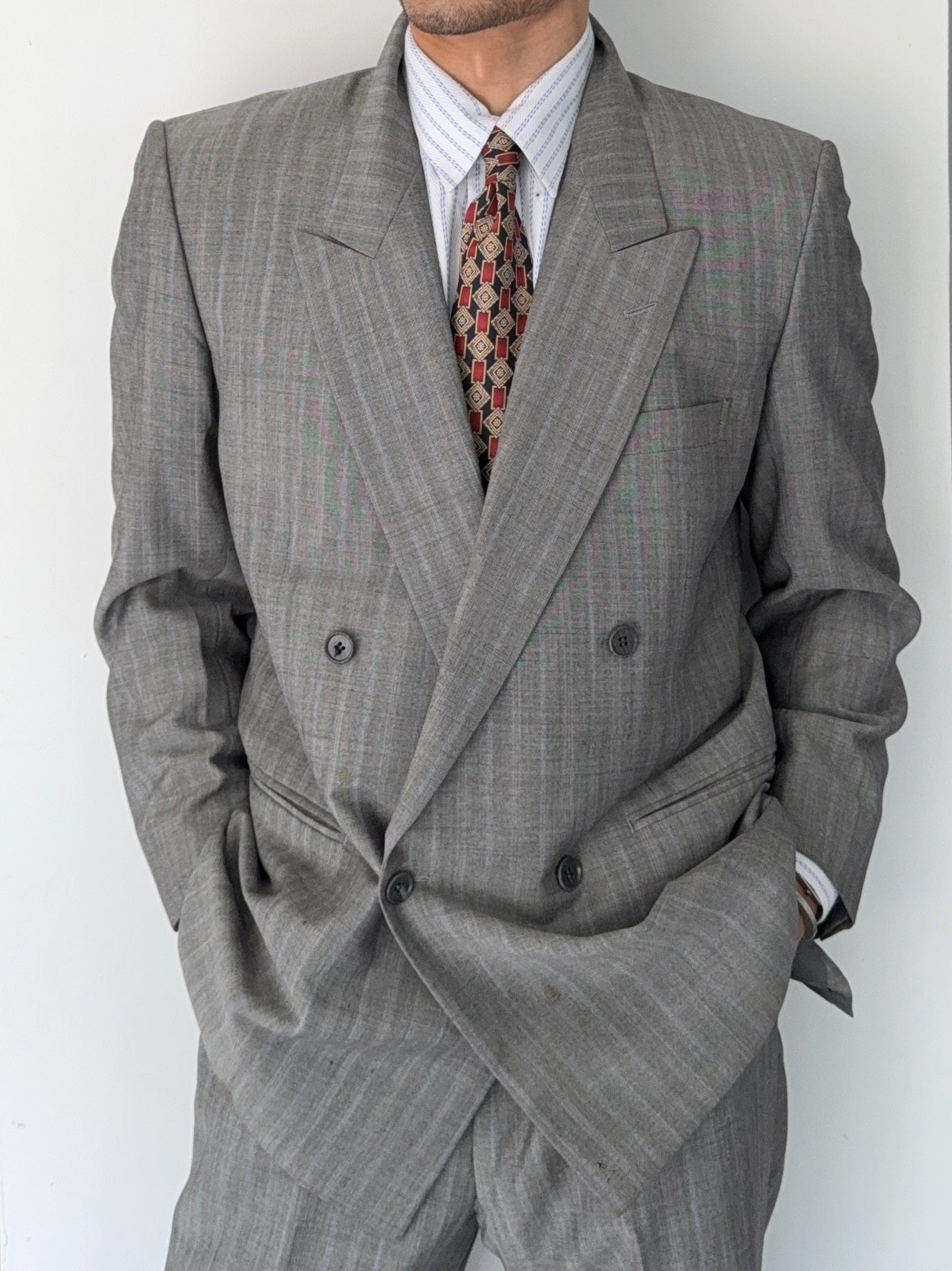 Christian Dior 1980s Peaked Lapel Double Breasted Wool Suit Grey - Size L Jacket / 34" Waist
