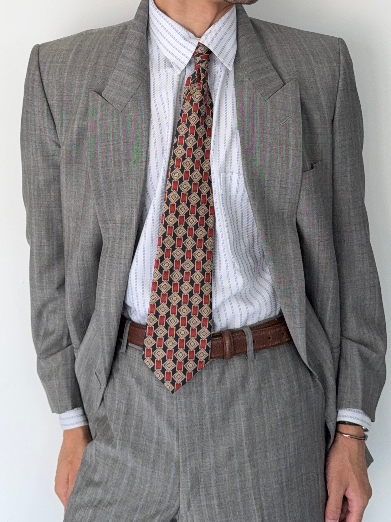 Christian Dior 1980s Peaked Lapel Double Breasted Wool Suit Grey - Size L Jacket / 34" Waist