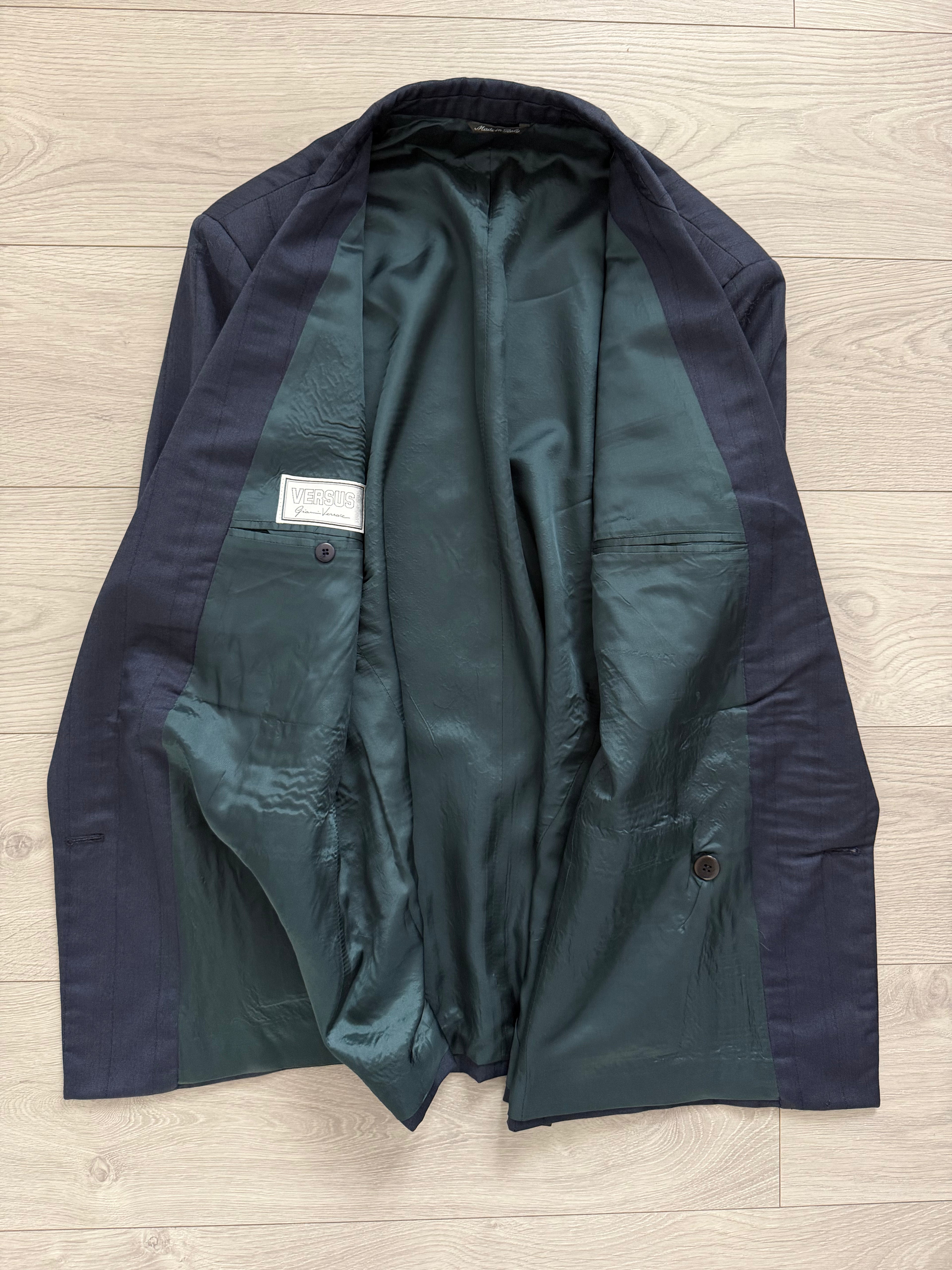 Versace 1980s Peaked Lapel Double Breasted Triple Pleated Wool Suit Navy Blue - Size M Jacket / 30" Waist
