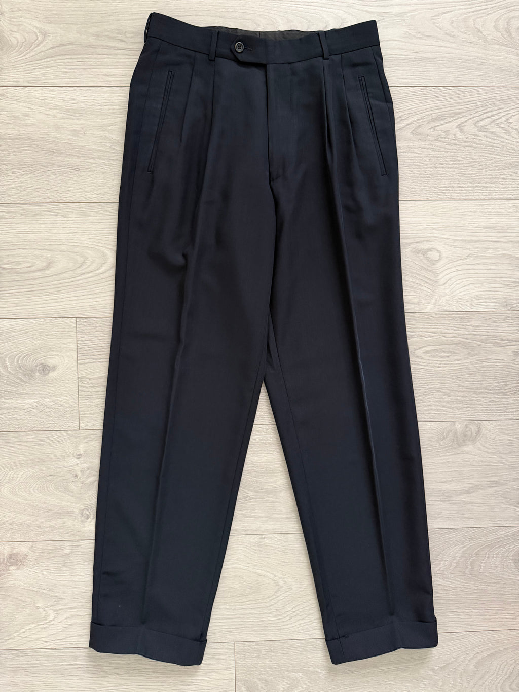 Hugo Boss 1980s 'Zeus' Peaked Lapel Double Breasted Pleated Wool Draped Suit - Size S Jacket / 30" Waist