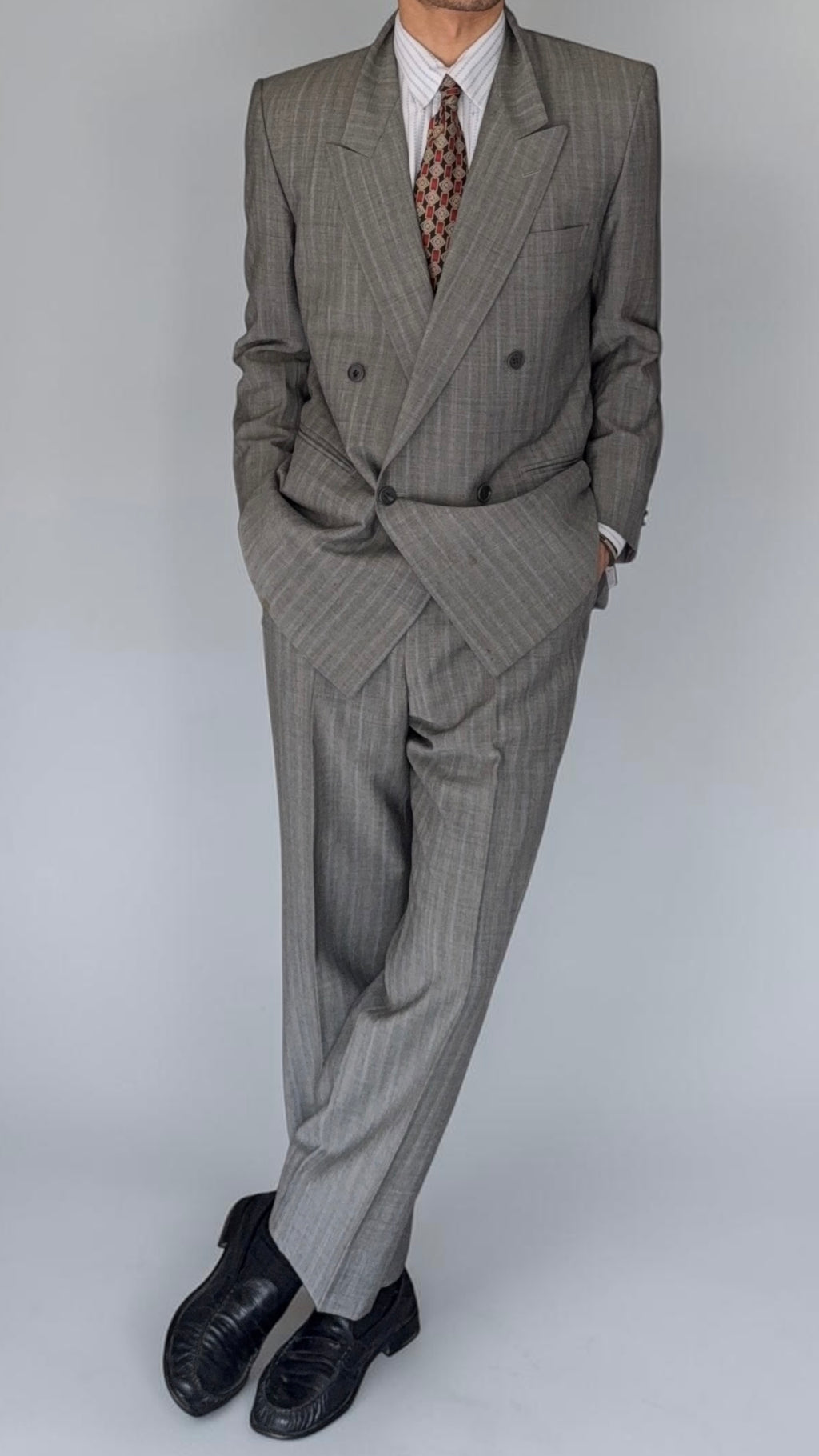 Christian Dior 1980s Peaked Lapel Double Breasted Wool Suit Grey - Size L Jacket / 34" Waist