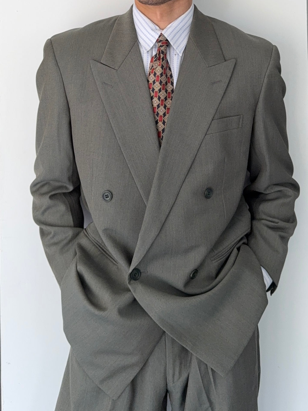 Christian Dior 1980s Peaked Lapel Double Breasted Pleated Wool Suit Taupe Olive - Size XL Jacket / 34" Waist