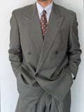 Christian Dior 1980s Peaked Lapel Double Breasted Pleated Wool Suit Taupe Olive - Size XL Jacket / 34" Waist