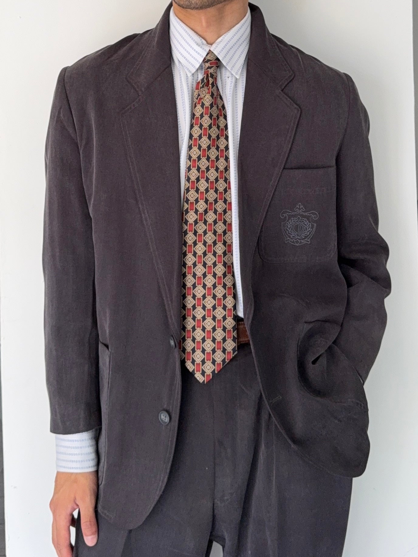 Christian Dior 1980s 2B Crest Logo Pleated Cotton Suit - Size L Jacket / 38" Waist