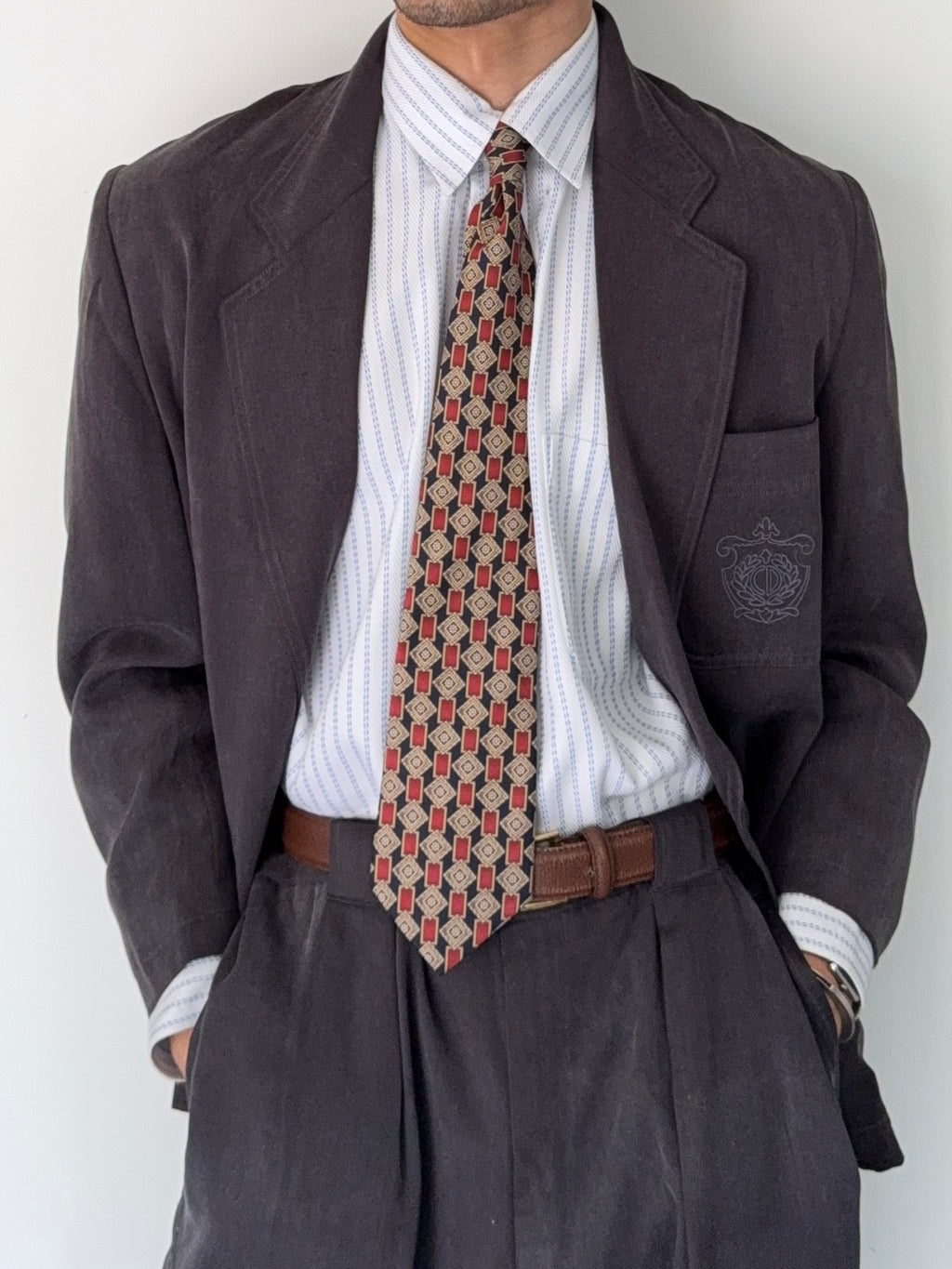 Christian Dior 1980s 2B Crest Logo Pleated Cotton Suit - Size L Jacket / 38" Waist