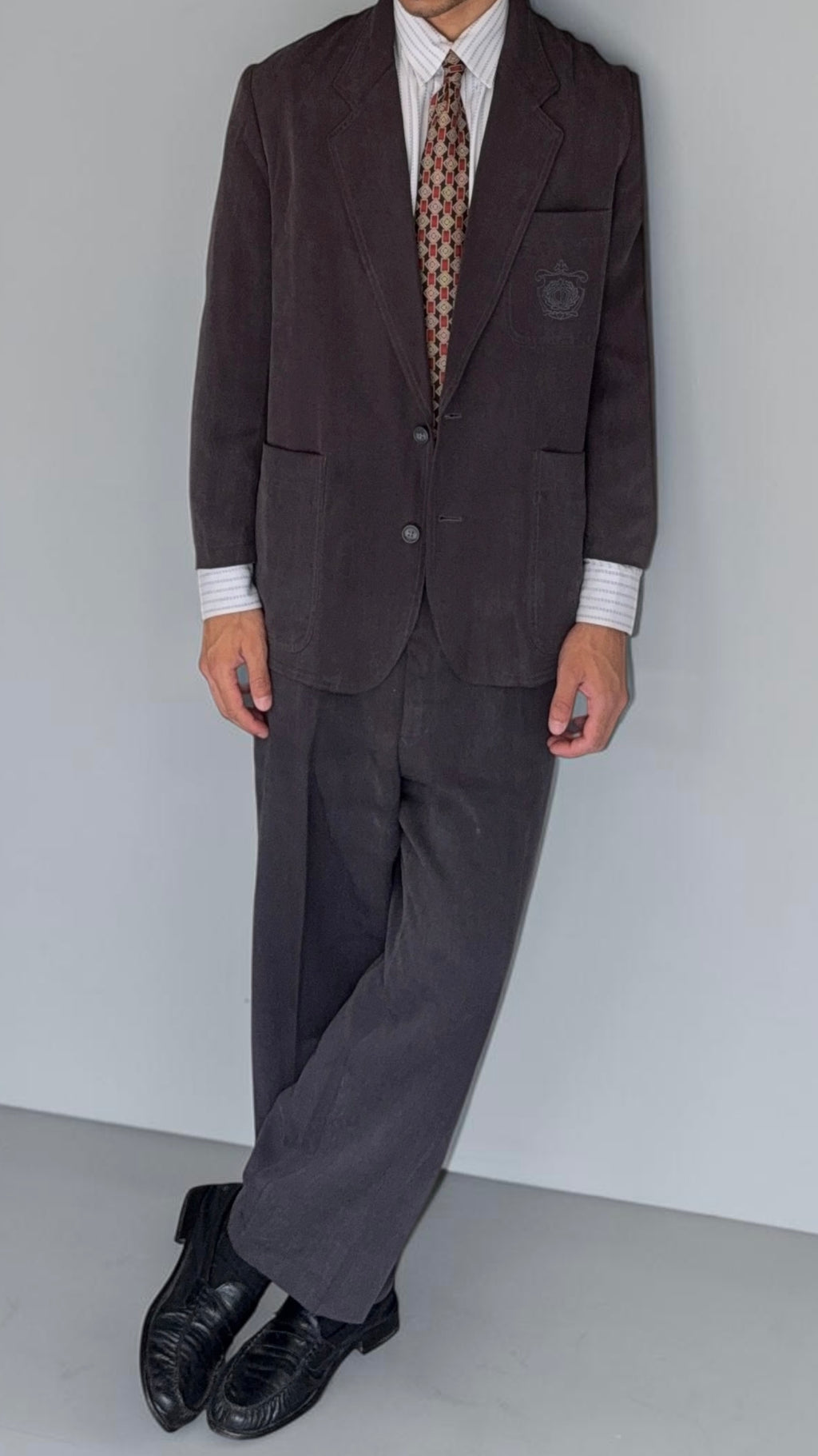 Christian Dior 1980s 2B Crest Logo Pleated Cotton Suit - Size L Jacket / 38" Waist