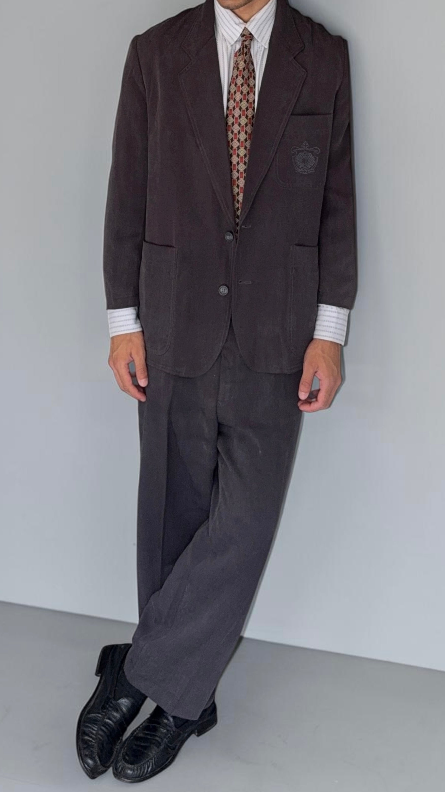 Christian Dior 1980s 2B Crest Logo Pleated Cotton Suit - Size L Jacket / 38" Waist