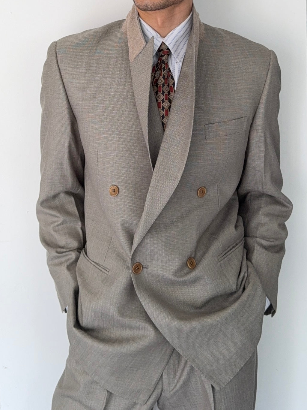 Givenchy 1980s Peaked Lapel Double Breasted Pleated Wool Suit Taupe Beige - Size M Jacket / 32" Waist