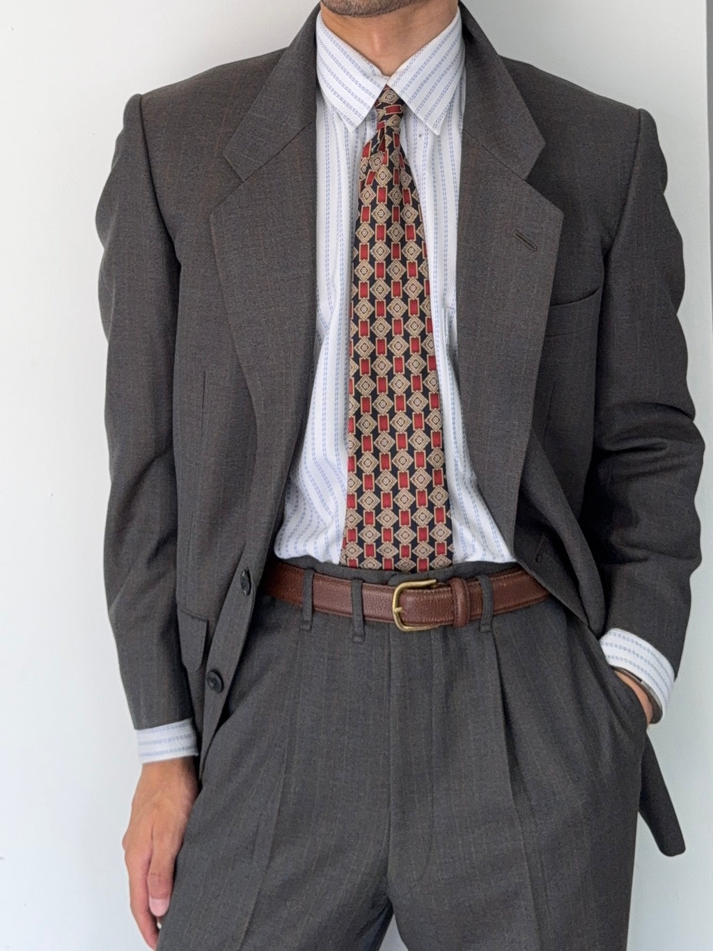 Givenchy 1980s 2B Pleated Wool Striped Suit - Size M Jacket / 32" Waist