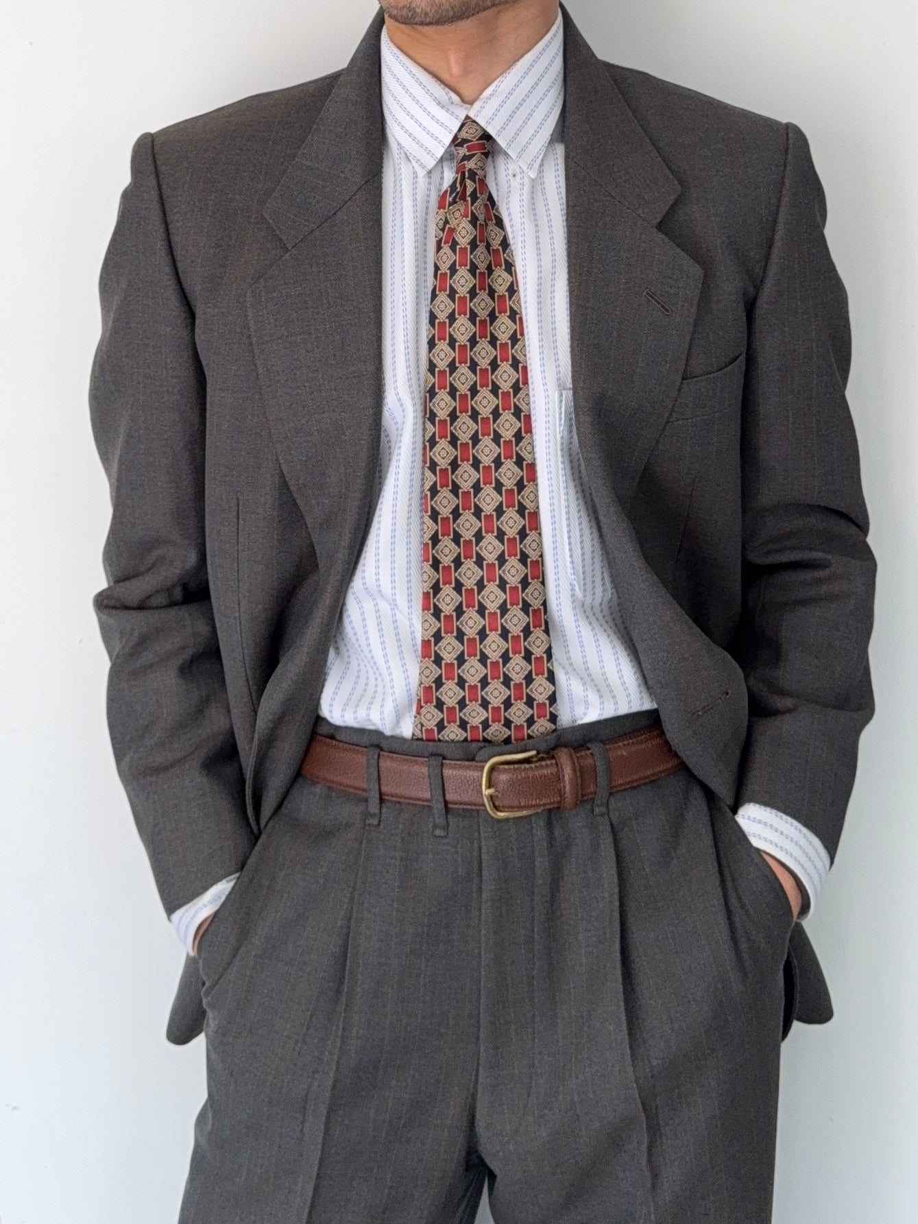 Givenchy 1980s 2B Pleated Wool Striped Suit - Size M Jacket / 32" Waist