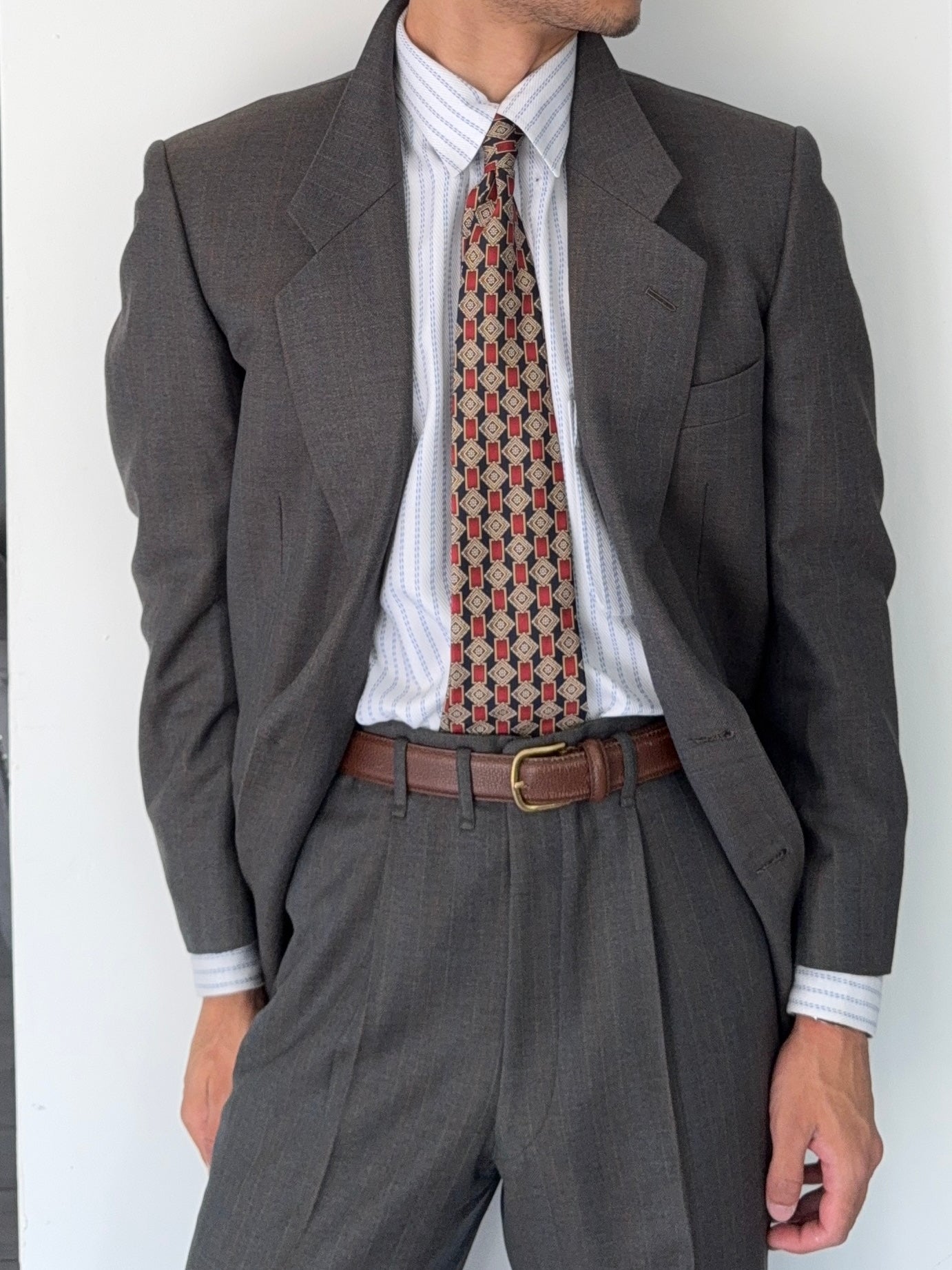 Givenchy 1980s 2B Pleated Wool Striped Suit - Size M Jacket / 32" Waist