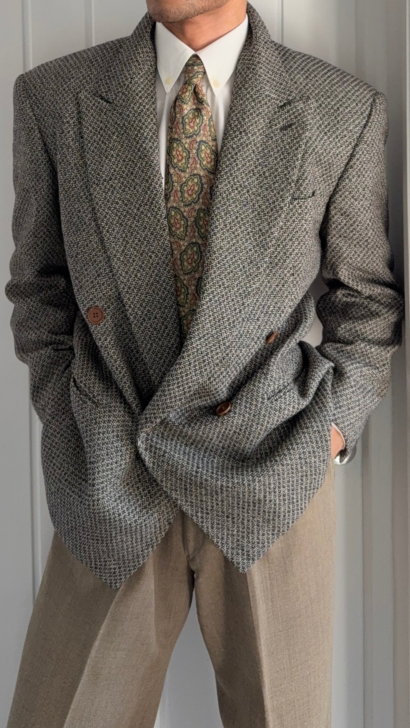 Giorgio Armani 1990s Black Label Peaked Lapel Double Breasted Textured Wool Sport Jacket Blazer - Size M