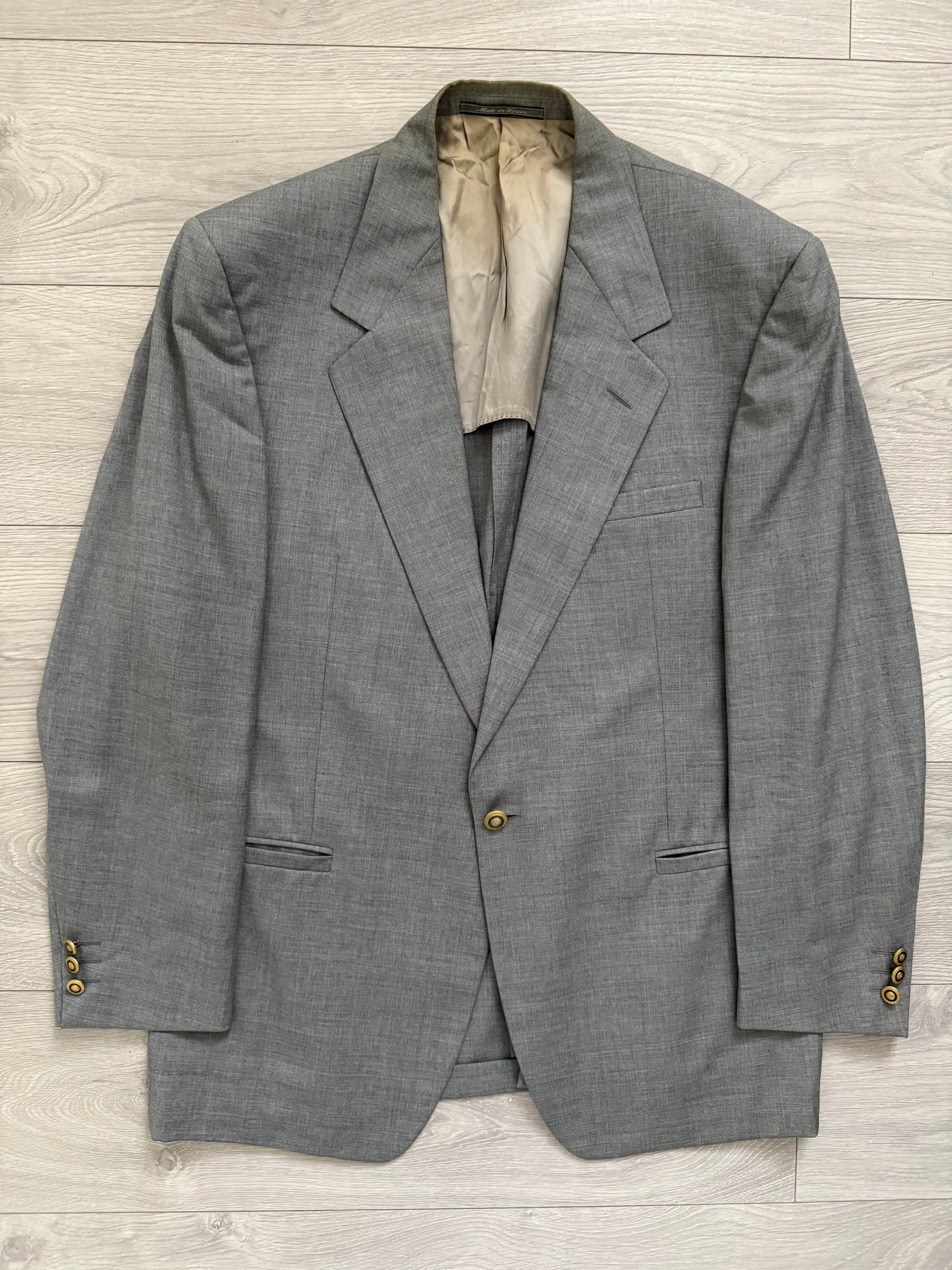 Versace 1980s 1B Pleated Wool Metal Button Grey Suit - Size XL Jacket / 36" Waist