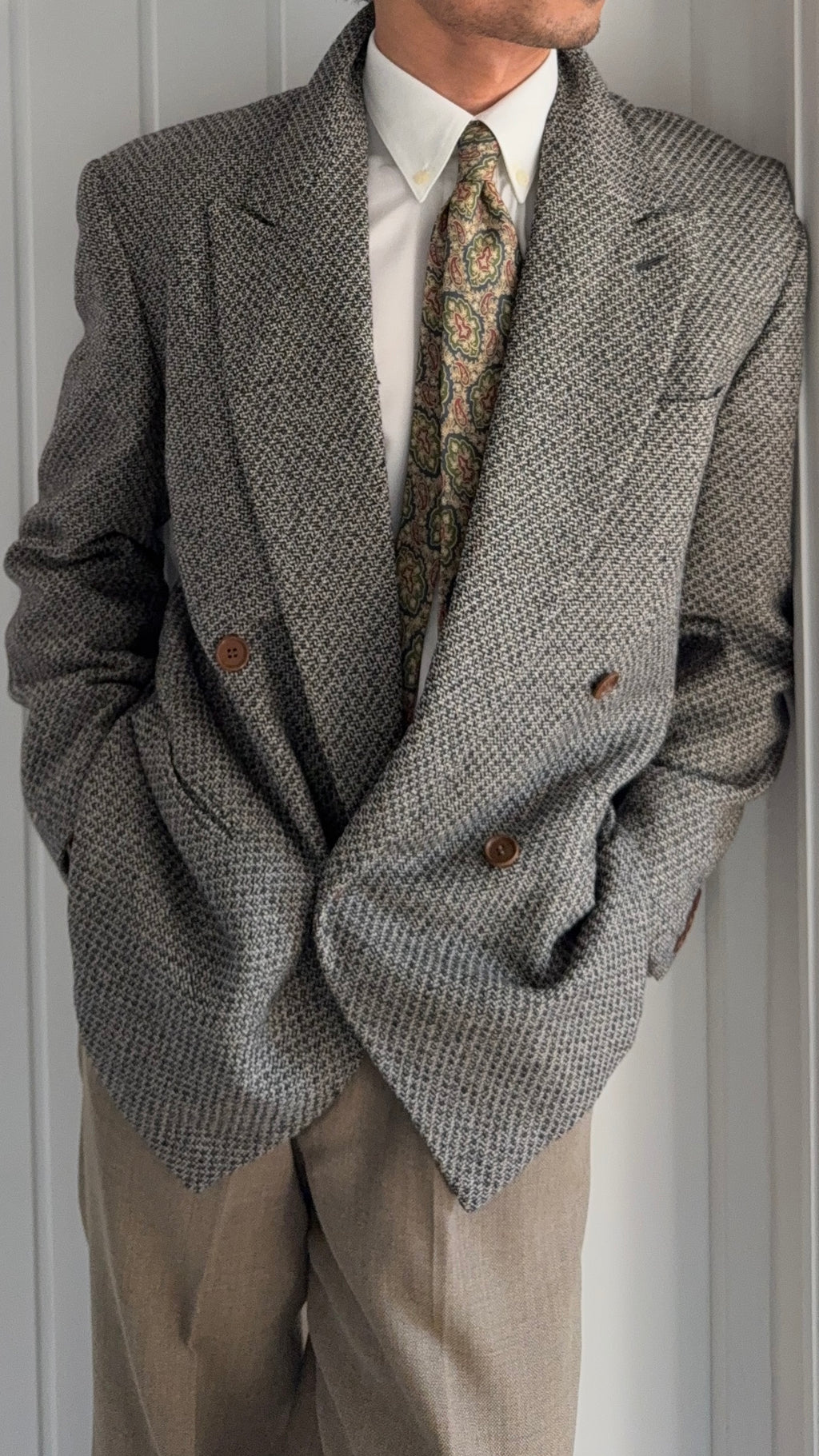Giorgio Armani 1990s Black Label Peaked Lapel Double Breasted Textured Wool Sport Jacket Blazer - Size M