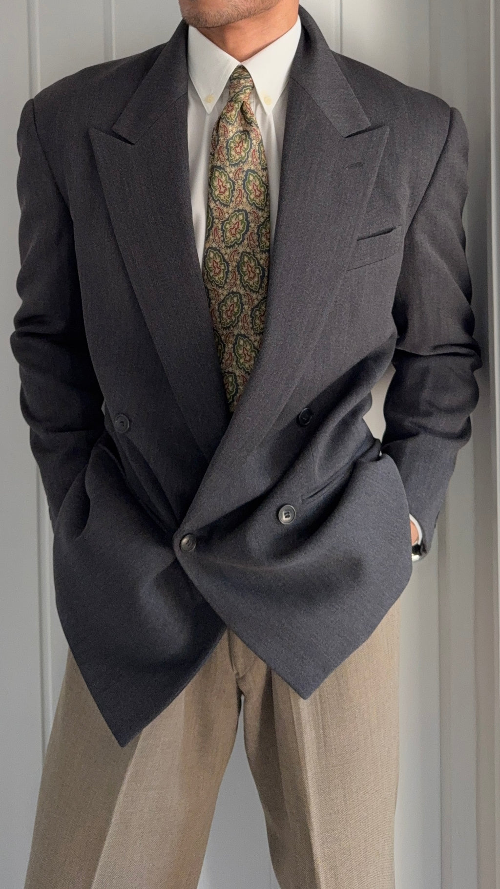 Giorgio Armani 1980s Mainline Peaked Lapel Double Breasted Grey Wool Sport Jacket Blazer - Size M