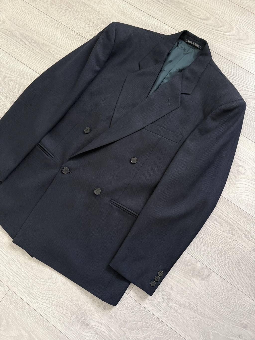Krizia Armani 1990s Peaked Lapel Double Breasted Pleated Wool Suit Navy - Size M Jacket / 31" Waist