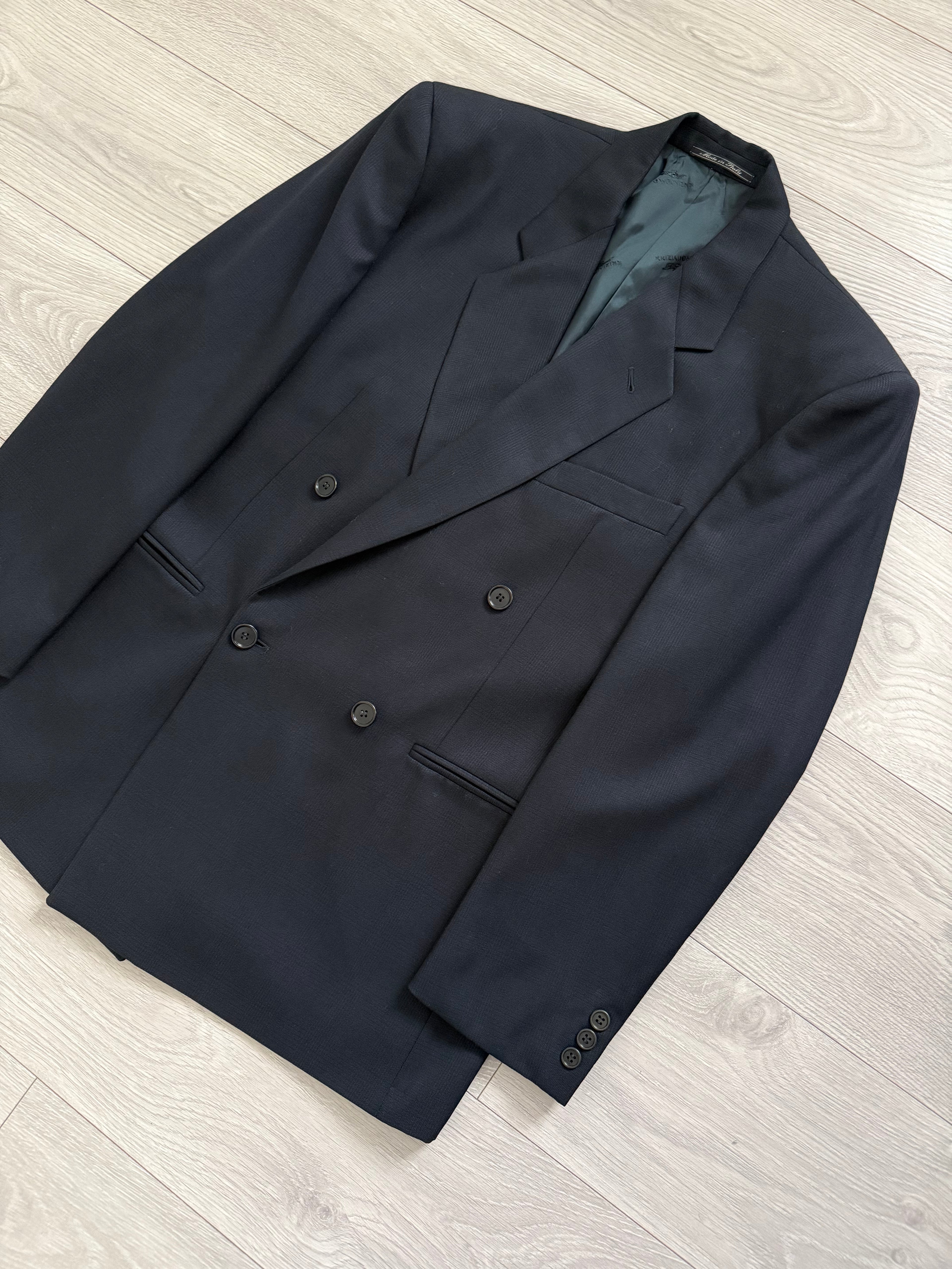 Krizia Armani 1990s Peaked Lapel Double Breasted Pleated Wool Suit Navy - Size M Jacket / 31" Waist