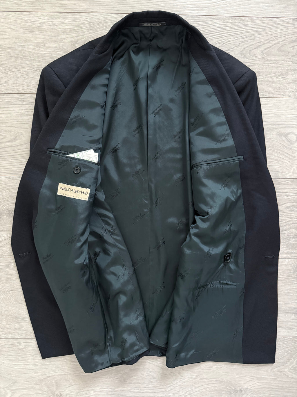 Krizia Armani 1990s Peaked Lapel Double Breasted Pleated Wool Suit Navy - Size M Jacket / 31" Waist