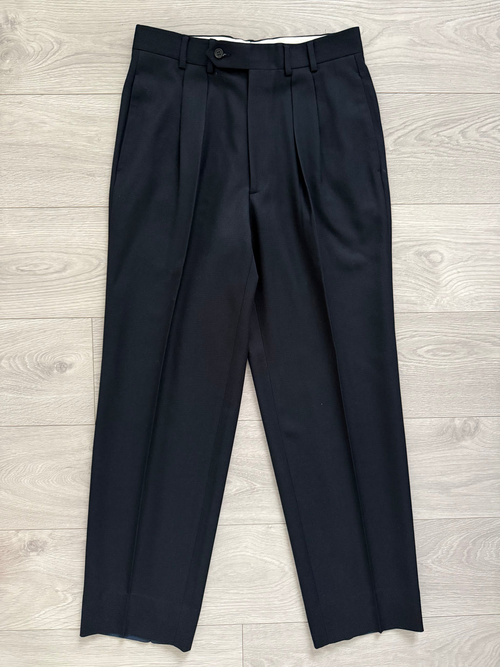 Krizia Armani 1990s Peaked Lapel Double Breasted Pleated Wool Suit Navy - Size M Jacket / 31" Waist
