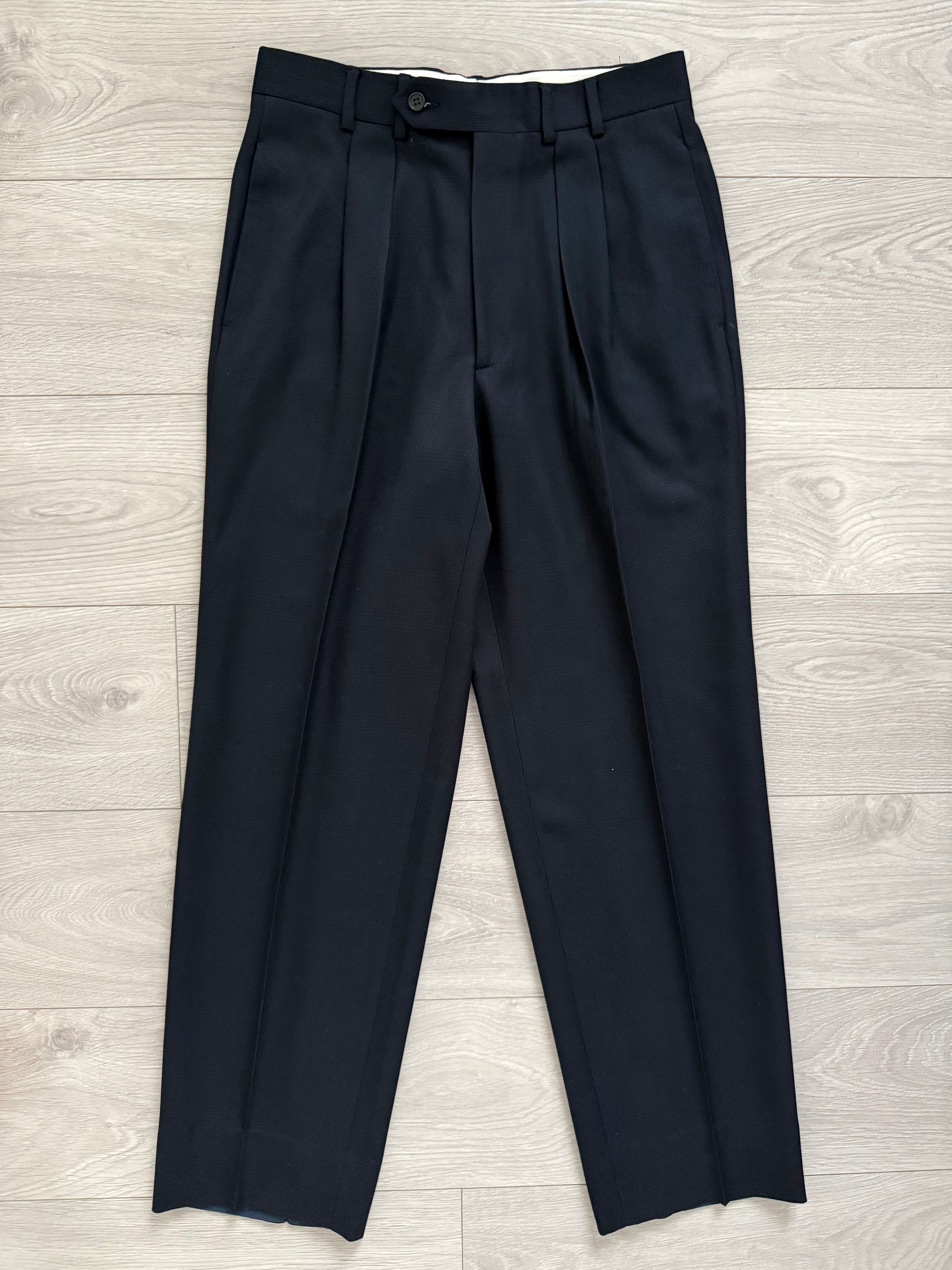 Krizia Armani 1990s Peaked Lapel Double Breasted Pleated Wool Suit Navy - Size M Jacket / 31" Waist
