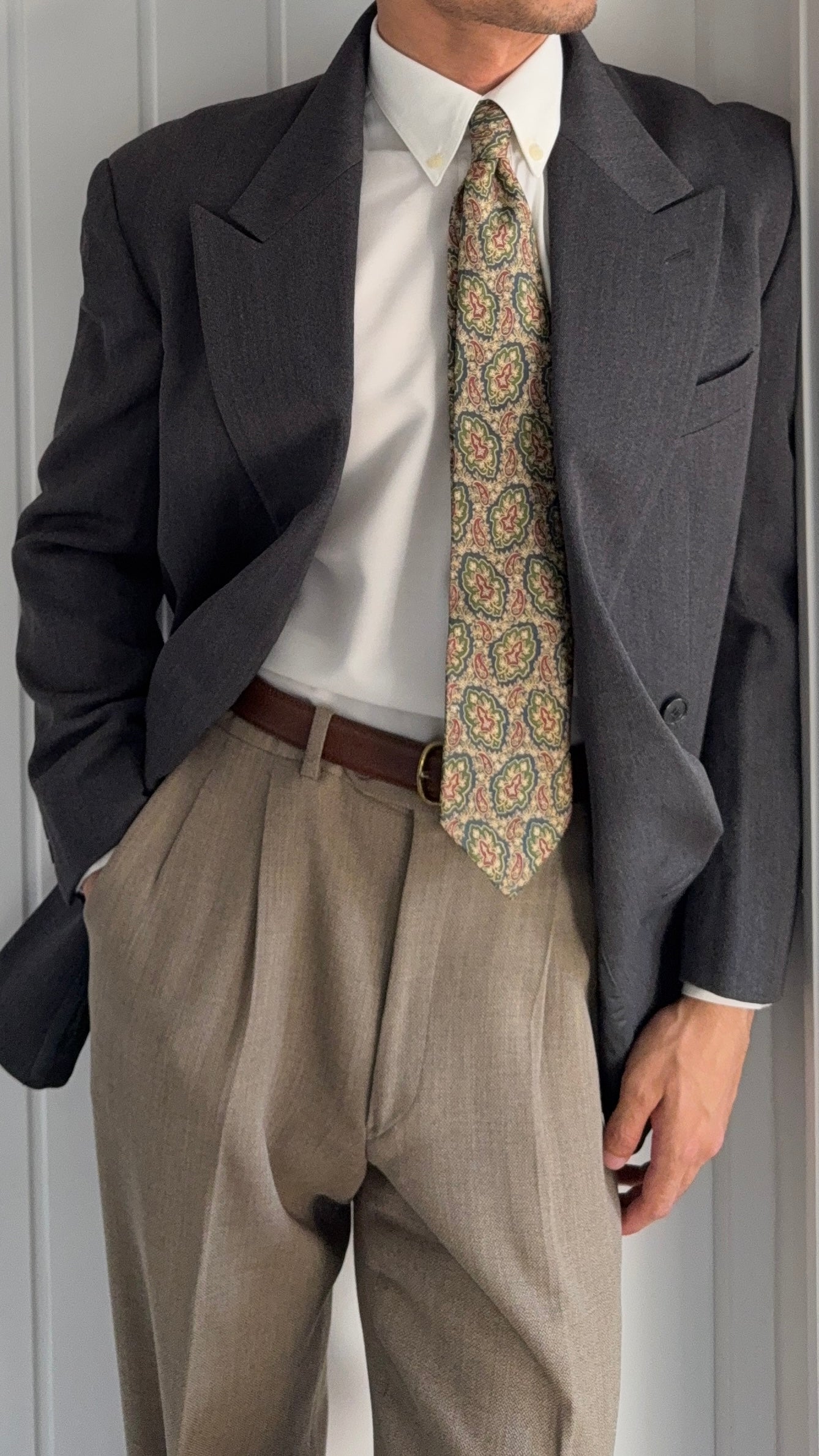 Giorgio Armani 1980s Mainline Peaked Lapel Double Breasted Grey Wool Sport Jacket Blazer - Size M