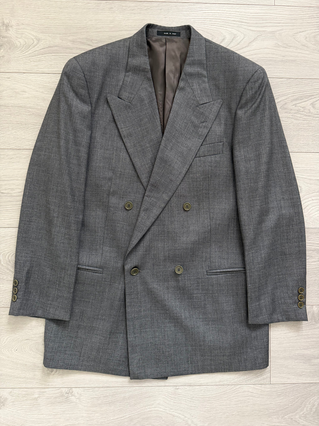 Emporio Armani 1990s Peaked Lapel Double Breasted Double-Pleated Wool Suit Grey - Size M Jacket / 32" Waist