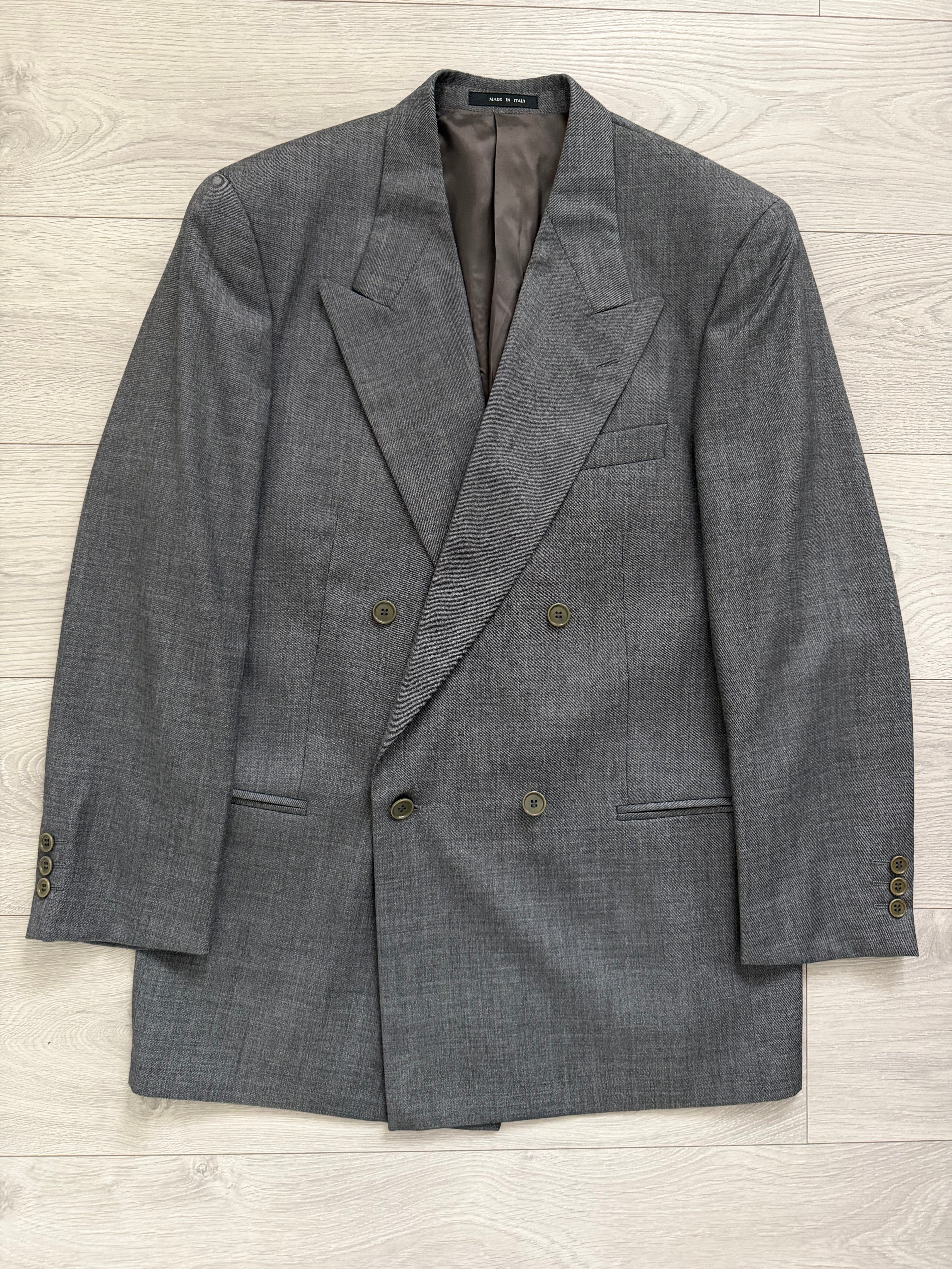 Emporio Armani 1990s Peaked Lapel Double Breasted Double-Pleated Wool Suit Grey - Size M Jacket / 32" Waist