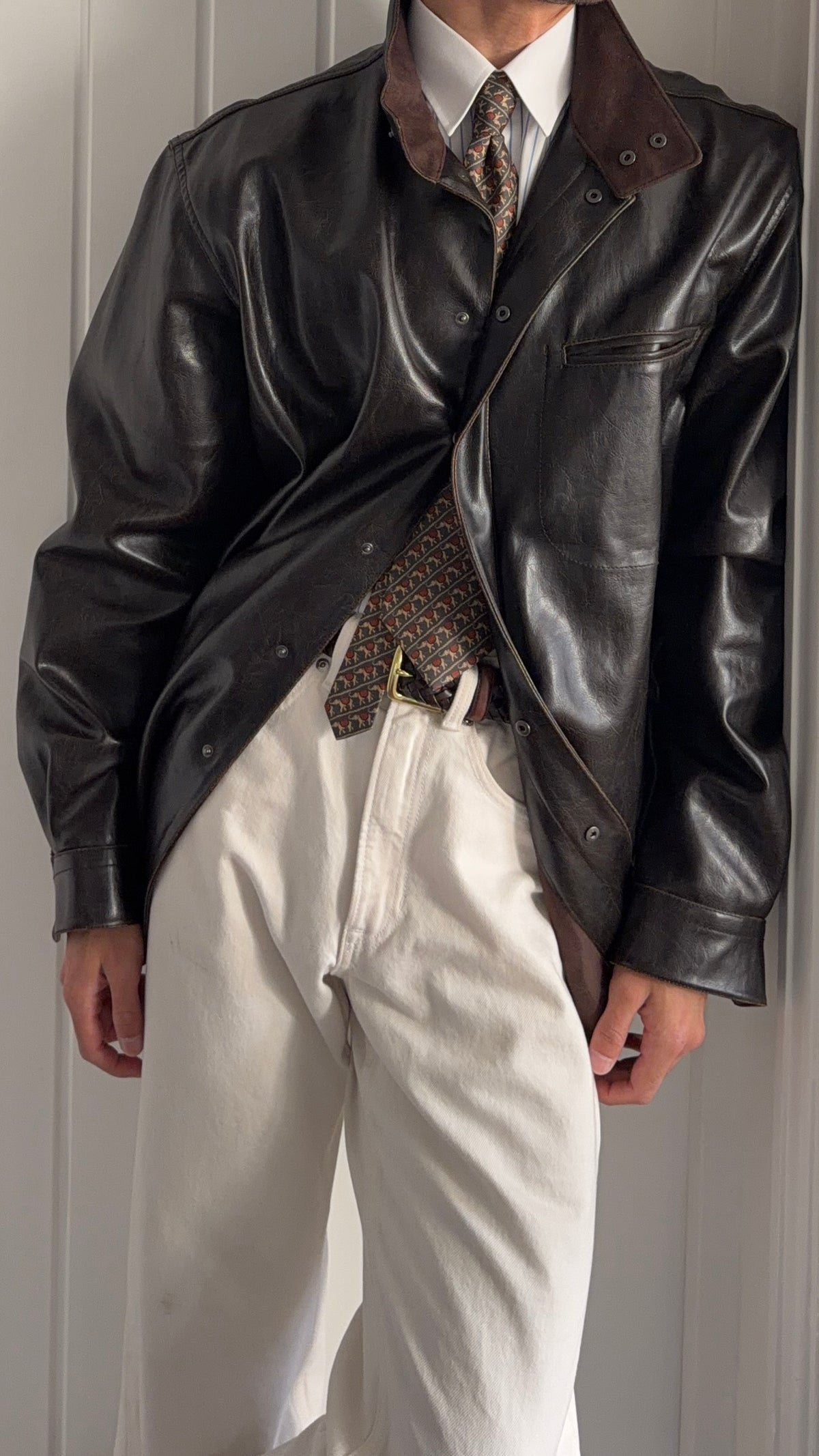 Giorgio Armani 2000s Leather Effect Snap Front Jacket  - Size XL